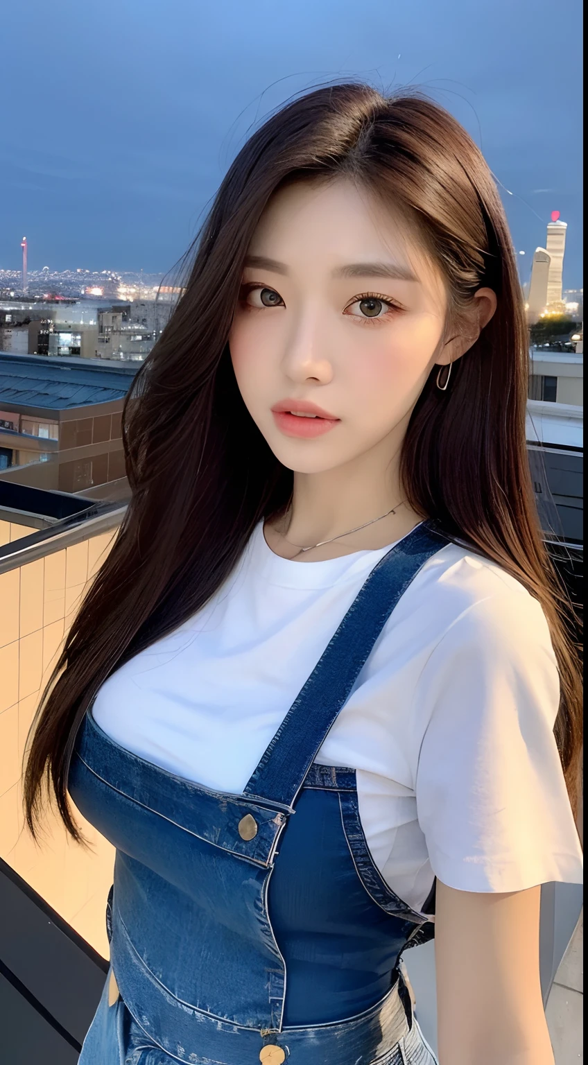 ((Midnight, Best quality, 8k, Masterpiece :1.3)), Whole body, Long legs, Sharp focus :1.2, A pretty woman with perfect figure :1.4, Slender abs :1.1, ((Dark brown hair, Big breasts :1.2)), (White tight tshirt, Jean bib, Standing:1.2), ((Night city view, Rooftop:1.3)), Highly detailed face and skin texture, Detailed eyes, Double eyelid