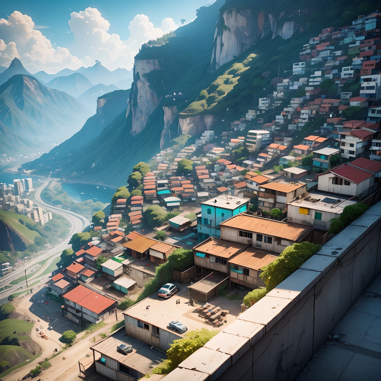 Densely populated favela, mountainside favela Rio, fortnite, unreal engine