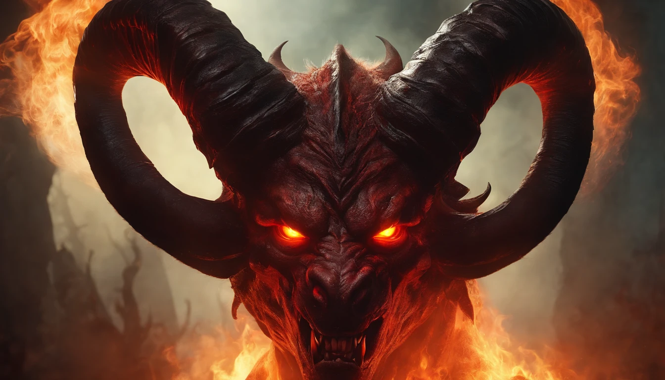 Portrait of a demon with horns and glowing eyes, beast, ferocious monster, blood, fire, flames, ultra detailed, photorealistic, masterpiece, horror, creepy, ominous background.