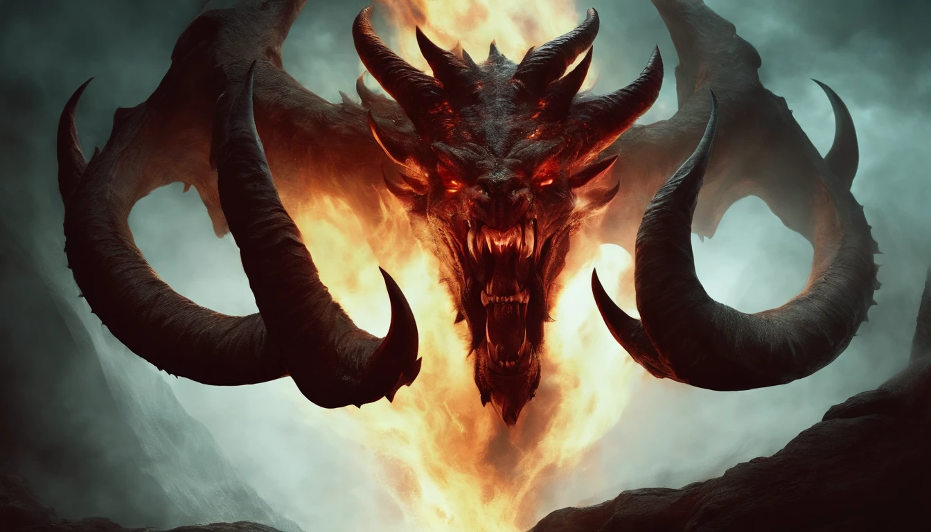 Portrait of a demon with horns and glowing eyes, beast, ferocious monster, blood, fire, flames, ultra detailed, photorealistic, masterpiece, horror, creepy, ominous background.