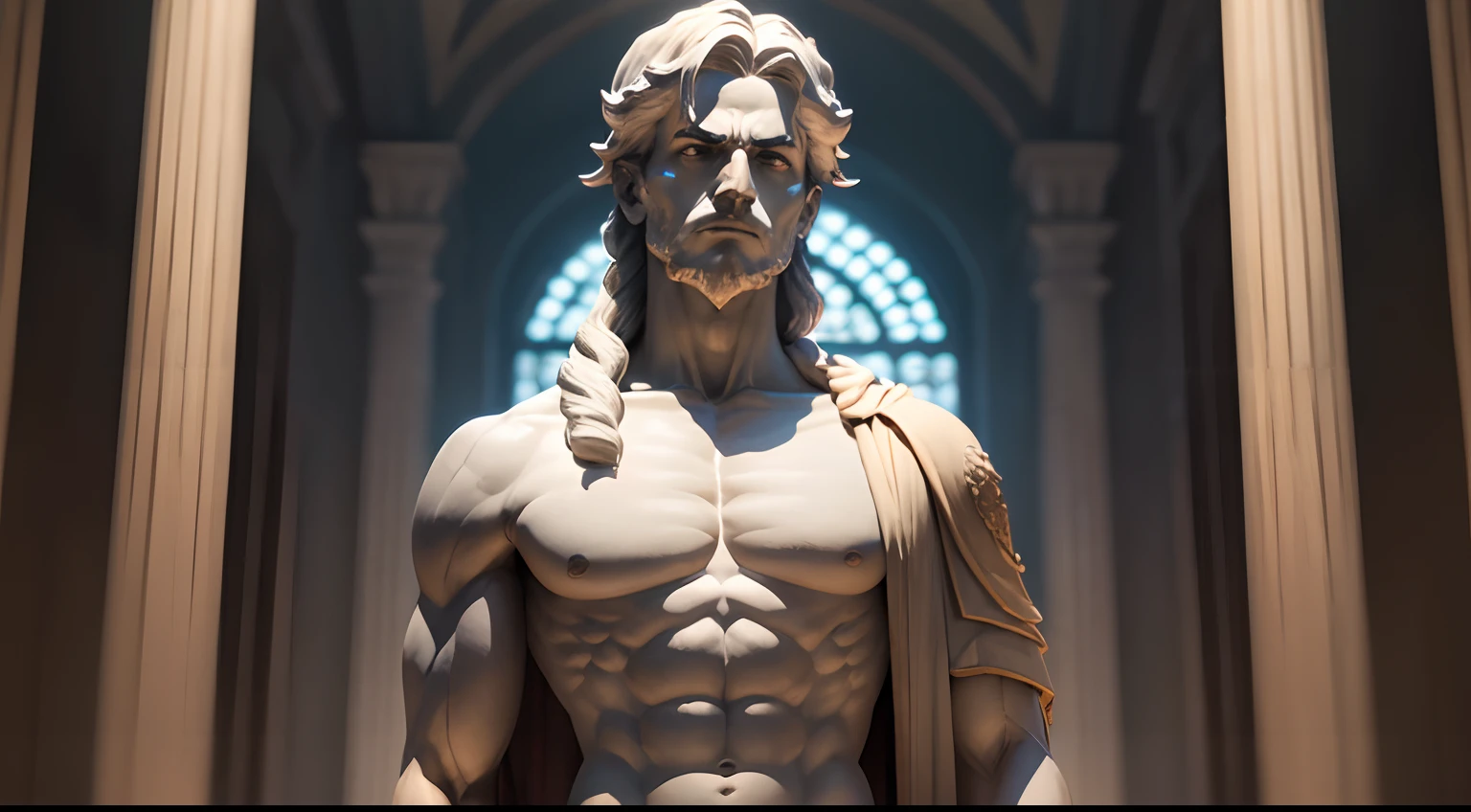 Stoic statue, with an expression of anger, usando manto e tunica longo sobre todo o corpo, rosto definido, Noite escura, fundo grego antigo do templo, 35 mm, lateralmente, Filmado em Sony A7S III com Sony FE 35mm f/1.8, 12.1 MP, --AR 3:2 --estilo cru