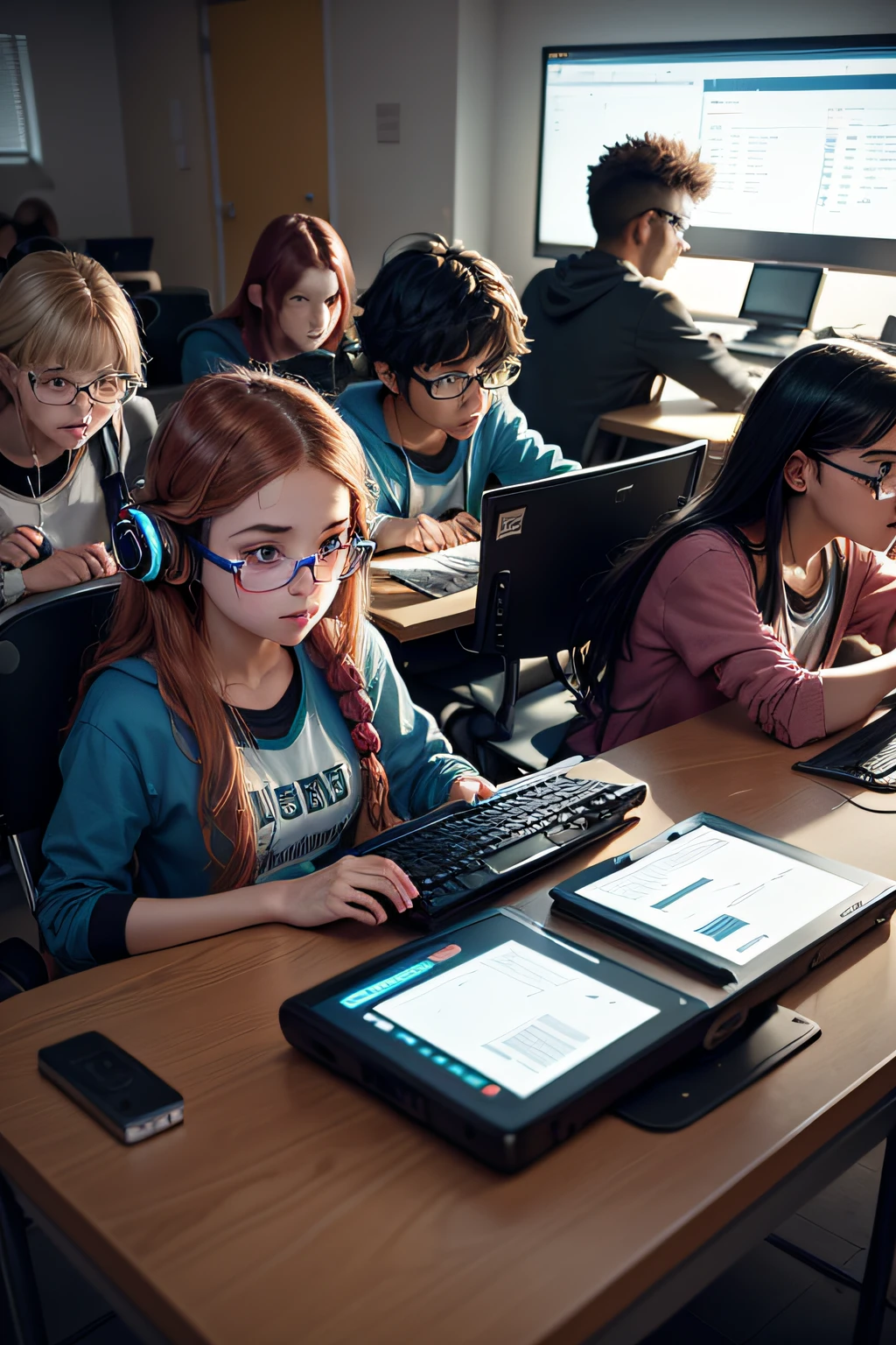 Impressive realistic and colorful image, a class with a teacher and 20 ager students, a school class where students are using computers and other AI elements, robots, smart glasses, laptops, tablets, earphones. Some of them are enjoying and others are bored. One of the students is a robot. The teacher is a human using smart glasses, smart watches, earphones and wearing clothes with some electronic devices.