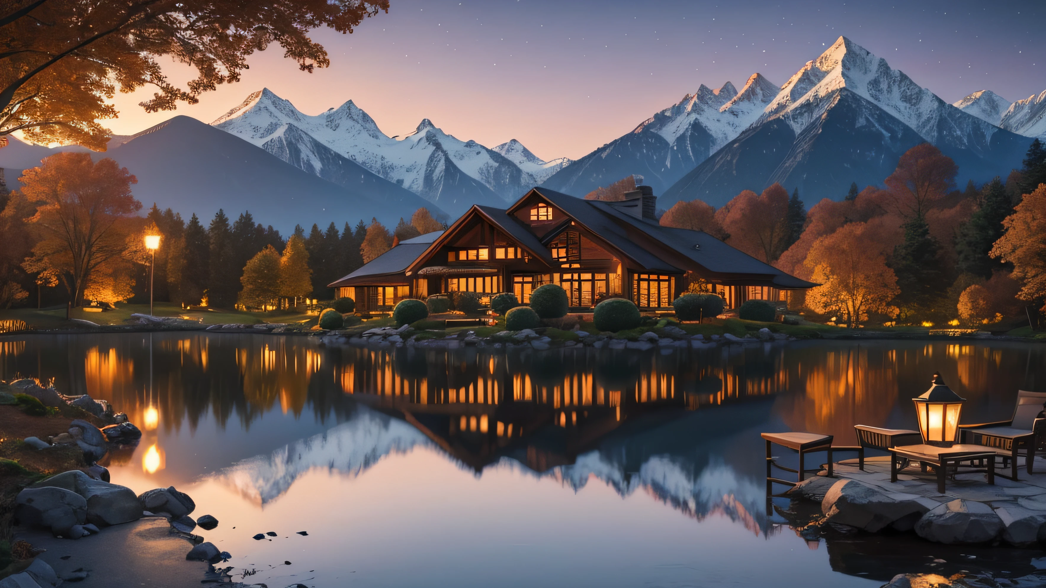 A cozy autumn house nestled by the tranquil lake, with majestic mountains looming in the distance. The terrace beckons you to sit and soak in the breathtaking view, while a string of twinkling lights decorate it, adding a touch of magic to the scene.