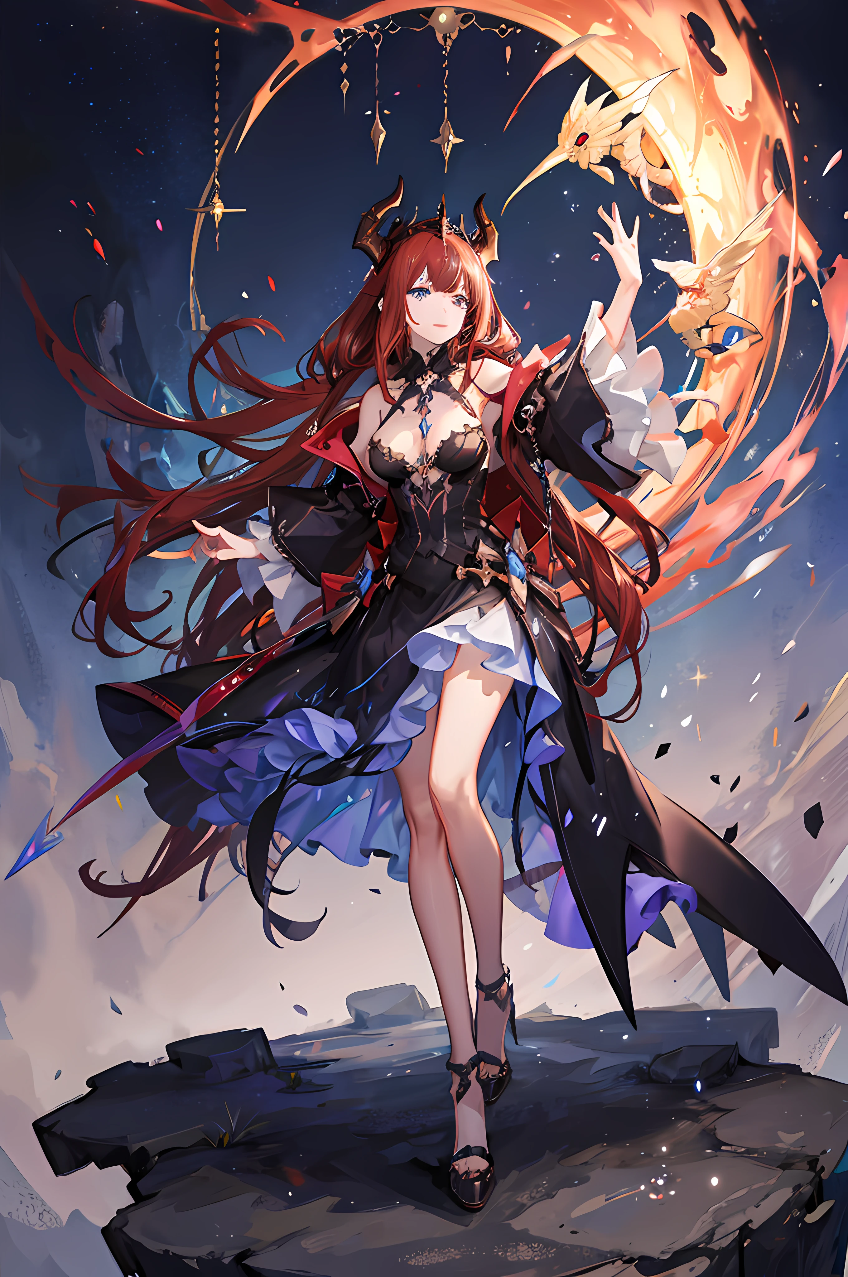 ((masterpiece)), (best quality), beautiful, extremely detailed face, Demon Princess, full body, female character demon, angel dress, intricate, elegant, highly detailed, blue eyes, dark red hair, digital painting, artstation, perfect body, holographic glow, light particles, raytraced, alchemist room with colorful potions, concept art, magic energy wings, smooth, sharp focus, illustration, 8k, floating colorful crystals, demon lord castle background, perfect breast,