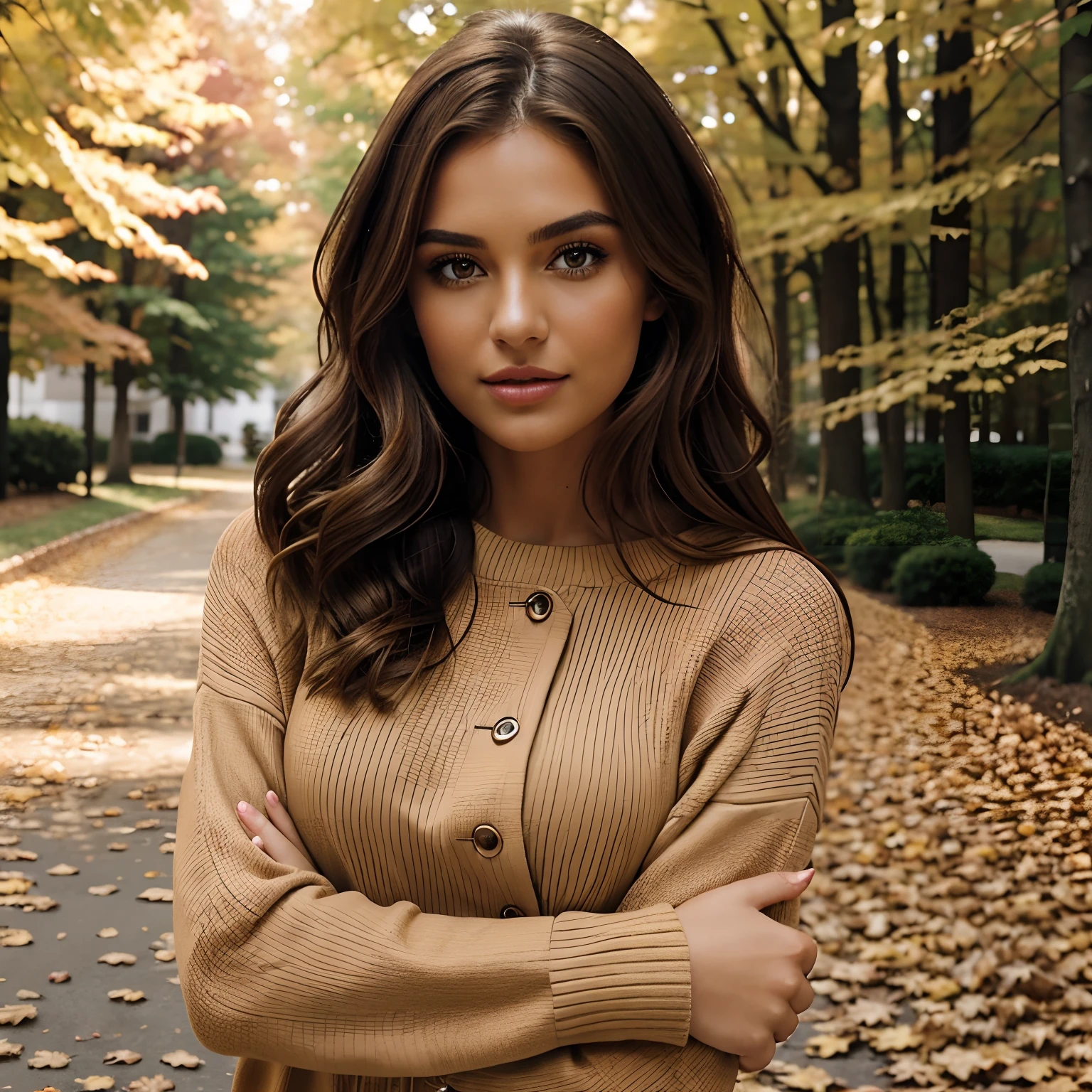 Generate full-body photography of Autumn, the stunning brunette influencer. She should appear in her mid-20s, approximately 5'4" tall, with long, wavy chestnut hair that falls gracefully on her shoulders. She has an athletic hourglass figure accentuated by her full bust. Her complexion should be flawless, with a warm, sun-kissed tan. Autumn's expressive brown eyes should radiate charisma, and she should have a relaxed and confident demeanor.For the 'Pumpkin Spice Personified' theme, Autumn should be dressed in a chic and cozy autumn-inspired outfit that reflects her personality. It should be fashionable yet relatable, with a touch of playfulness and charm.The surroundings should exude a cozy autumn atmosphere, featuring elements like pumpkin spice lattes, fallen leaves, and soft, warm lighting, creating a backdrop that highlights Autumn's love for the season.Pose Autumn in a way that captures the essence of autumn while showcasing her playful and cheeky personality, making the photo not just about the season but also about her unique charm.Intense look and makeup with autumnal colors, symmetrical eyes, symmetrical face, photorealistic, photography, path tracing, specular lighting, volumetric face light, path traced hair, visible shadows, intricate, elaborate, hyper-realistic.