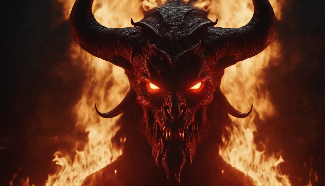 Portrait of a demon with horns and glowing eyes, beast, ferocious monster, blood, fire, flames, ultra detailed, photorealistic, masterpiece, horror, creepy, ominous background.