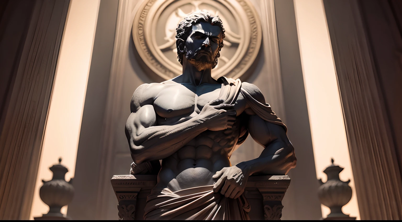 Stoic statue, with an expression of anger, usando manto e tunica longo sobre todo o corpo, Noite escura, ao ceu aberto, 35 mm, lateralmente, Filmado em Sony A7S III com Sony FE 35mm f/1.8, 12.1 MP, --AR 3:2 --estilo cru