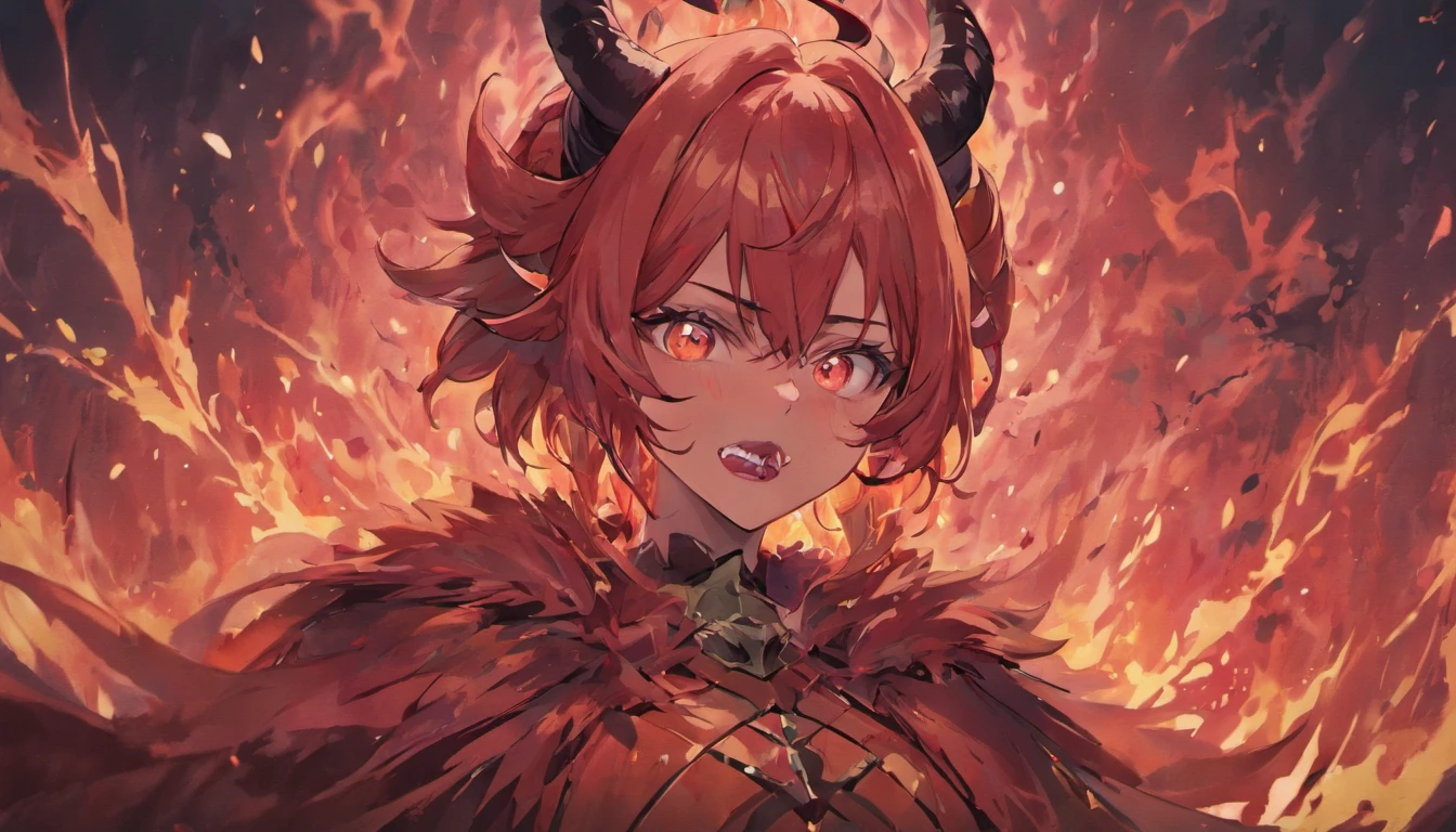 Portrait of a demon with horns and glowing eyes, beast, ferocious monster, blood, fire, flames, ultra detailed, photorealistic, masterpiece, horror, creepy, ominous background.