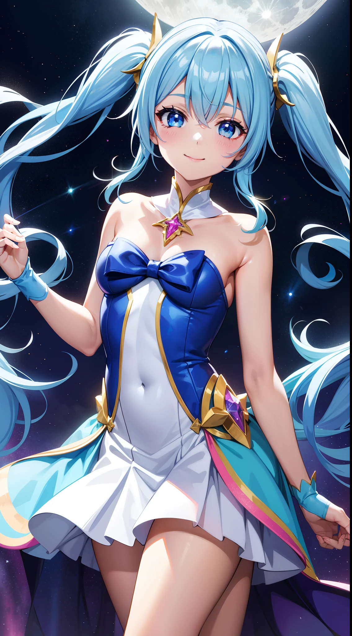 Super Idol a beauty girl A charming smile sky blue hair length hair Twin-tailed Glittery bright pink and white and blue and yellow leotards facing front Mystical Fantasia constellation a moon Crystal Brilliance Aurora Borealis in the Night Sky