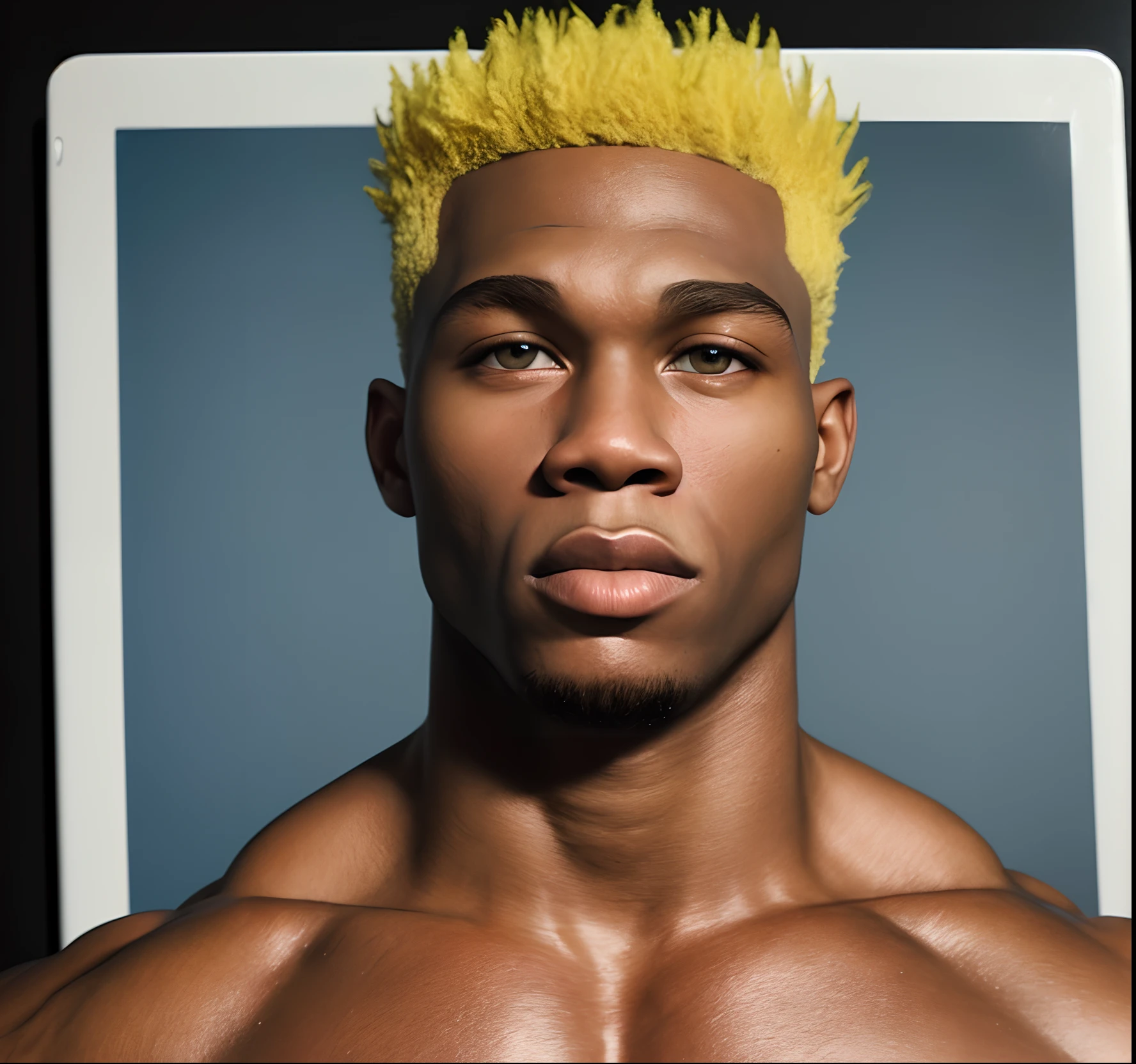 a realistic ID photo of a alien Big muscles and lightskin thoot man with yellow hair ans blues eyes