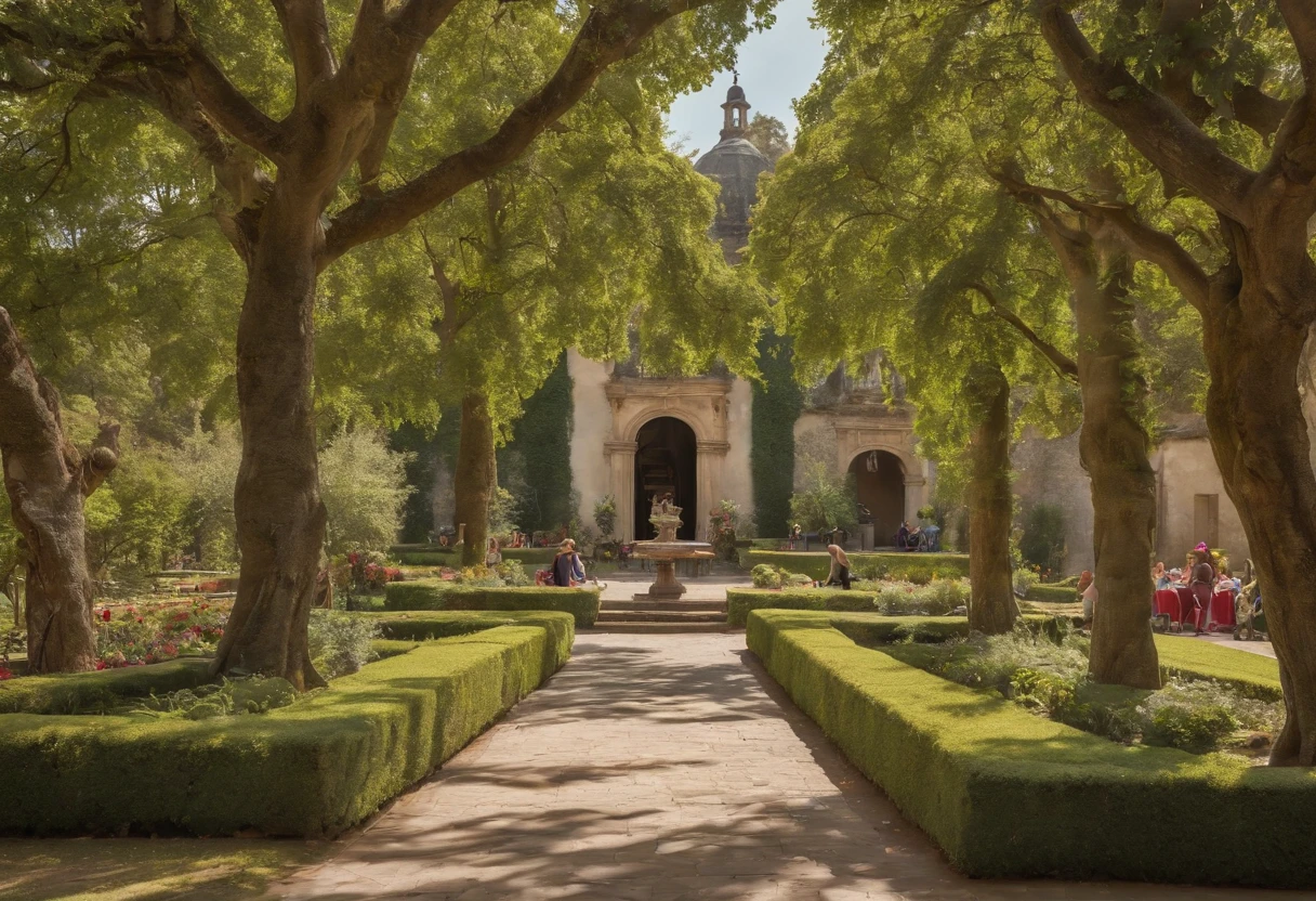 visto de cima, beautifully detailed 18th century gardens in London, (melhor qualidade,4k,8k,Altas,master part:1.2), ultra-detalhado, HDR, cores vibrantes, retrato elegante, luscious greenery, flores delicadas, Centenary trees, caminhos intrincados, Romantic sources, arquitetura harmoniosa, sunlight filtering through the branches, families strolling with leisure, Aristocratic men and women enjoying tea parties, musicians playing soft melodies, esculturas requintadas, sebes finamente aparadas, breathtaking sights, atmosfera refinada, pintura em aquarela, beleza atemporal, historical charm