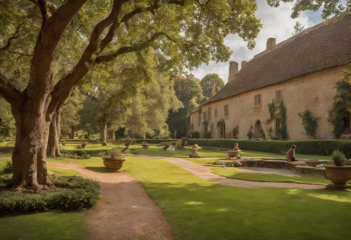 visto de cima, beautifully detailed 18th century gardens in London, (melhor qualidade,4k,8k,Altas,master part:1.2), ultra-detalhado, HDR, cores vibrantes, retrato elegante, luscious greenery, flores delicadas, Centenary trees, caminhos intrincados, Romantic sources, arquitetura harmoniosa, sunlight filtering through the branches, families strolling with leisure, Aristocratic men and women enjoying tea parties, musicians playing soft melodies, esculturas requintadas, sebes finamente aparadas, breathtaking sights, atmosfera refinada, pintura em aquarela, beleza atemporal, historical charm