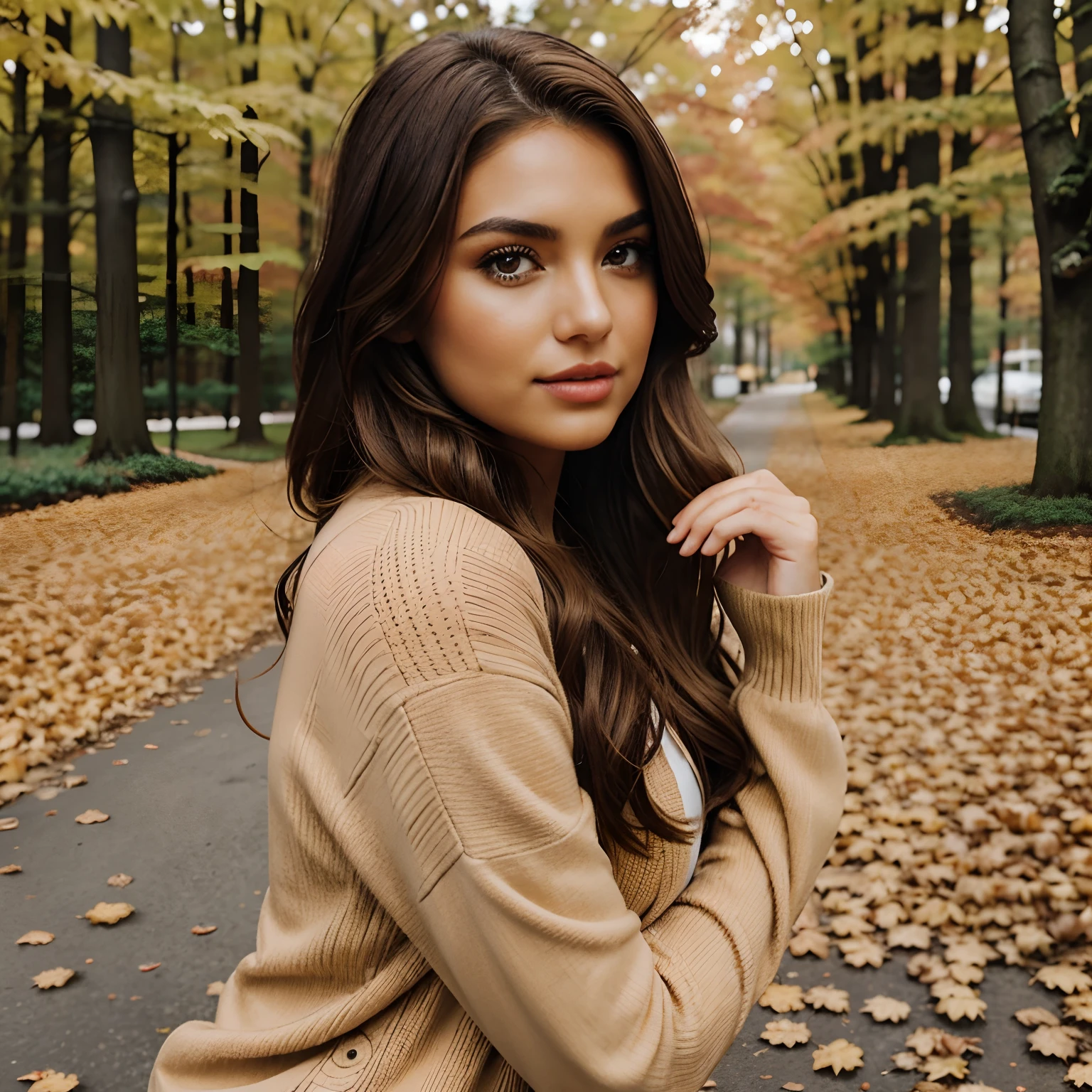 Generate full-body photography of Autumn, the stunning brunette influencer. She should appear in her mid-20s, approximately 5'4" tall, with long, wavy chestnut hair that falls gracefully on her shoulders. She has an athletic hourglass figure accentuated by her full bust. Her complexion should be flawless, with a warm, sun-kissed tan. Autumn's expressive brown eyes should radiate charisma, and she should have a relaxed and confident demeanor.For the 'Pumpkin Spice Personified' theme, Autumn should be dressed in a chic and cozy autumn-inspired outfit that reflects her personality. It should be fashionable yet relatable, with a touch of playfulness and charm.The surroundings should exude a cozy autumn atmosphere, featuring elements like pumpkin spice lattes, fallen leaves, and soft, warm lighting, creating a backdrop that highlights Autumn's love for the season.Pose Autumn in a way that captures the essence of autumn while showcasing her playful and cheeky personality, making the photo not just about the season but also about her unique charm.Intense look and makeup with autumnal colors, symmetrical eyes, symmetrical face, photorealistic, photography, path tracing, specular lighting, volumetric face light, path traced hair, visible shadows, intricate, elaborate, hyper-realistic.