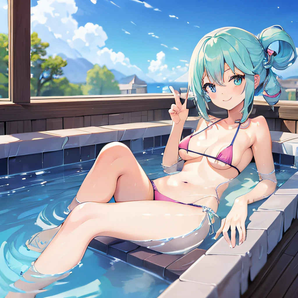 ((masutepiece)), ((Best Quality)), (Ultra-detailed), Anime style, Bath, Cut girl s, 1girl in, Solo, Micro Bikini 00, ((Beautiful eyes)), large full breasts, Smile