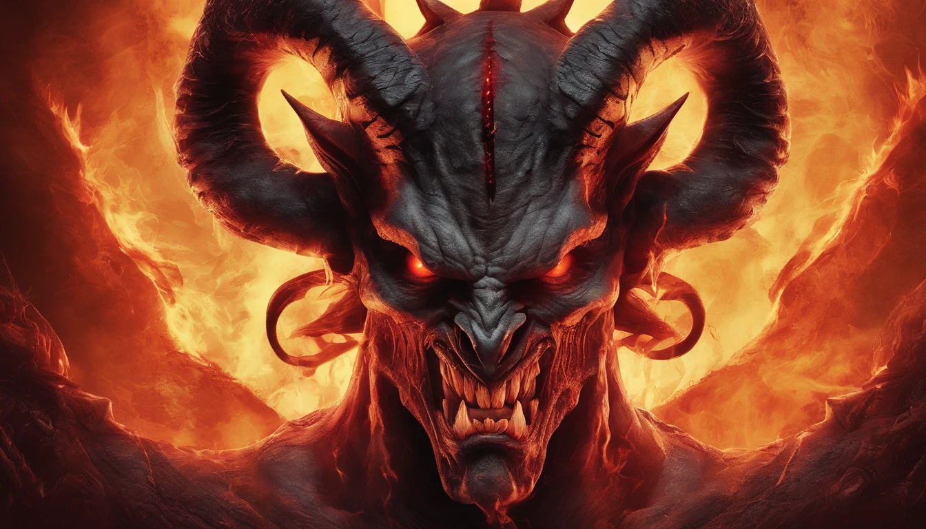Portrait of a demon with horns and glowing eyes, beast, ferocious monster, blood, fire, flames, ultra detailed, photorealistic, masterpiece, horror, creepy, ominous background.