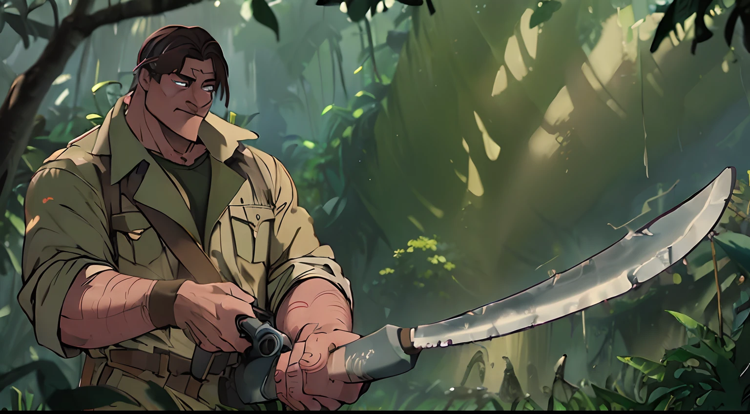 (masterpiece:1.4), (best qualit:1.4), (high resolution:1.4), Clayton , searching jungle, holding machete