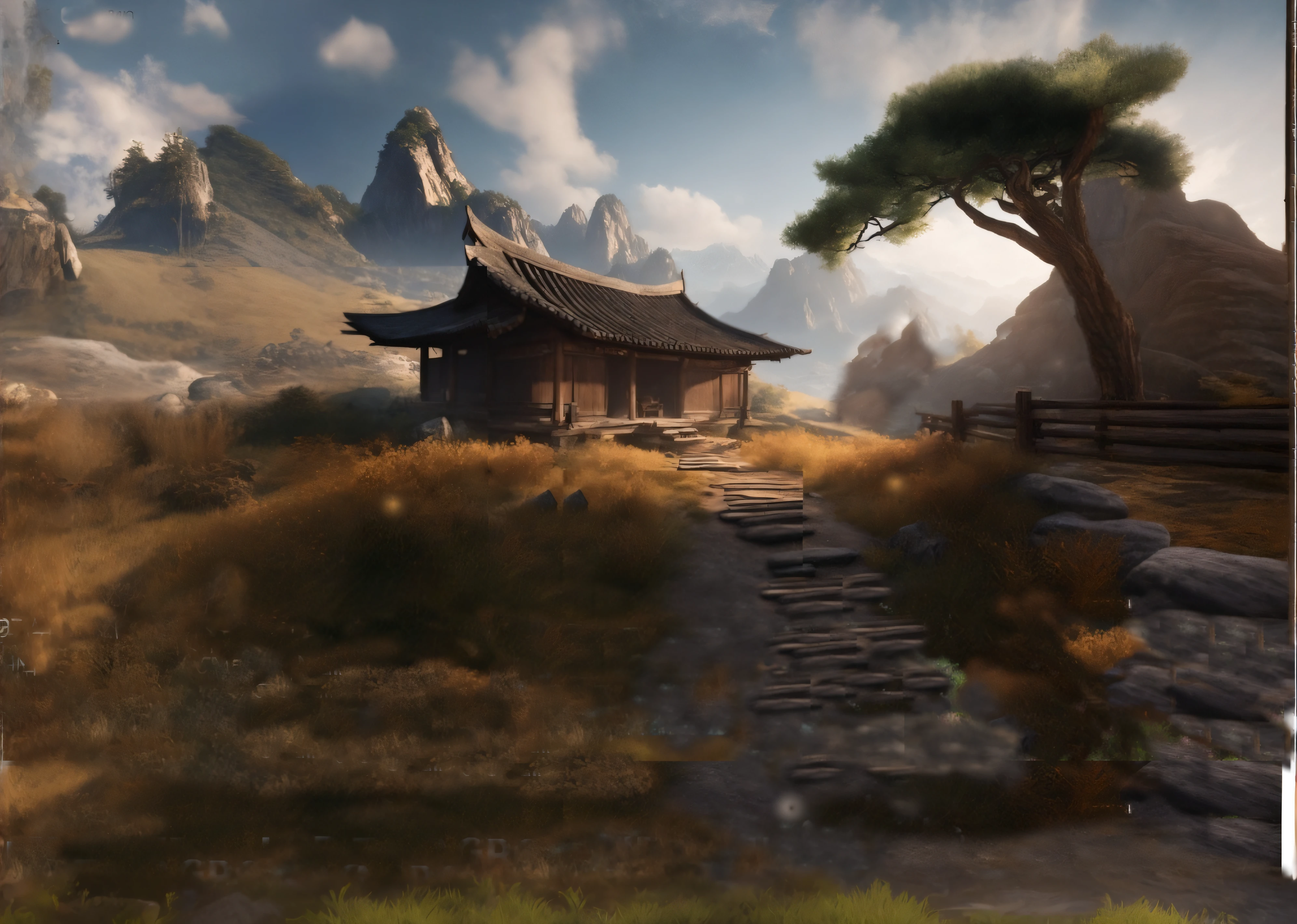 There is a small building in the middle of a field, artstation irreal, fundo fosco. Motor irreal, dojo em uma montanha, renderizado em cryengine, Arte conceitual 4K e hiper realismo, renderizado em unrealengine, inspired by senior environment artist, pintura fosca motor irreal, renderizado em unreal 5, renderizado em Motor irreal 4k hq