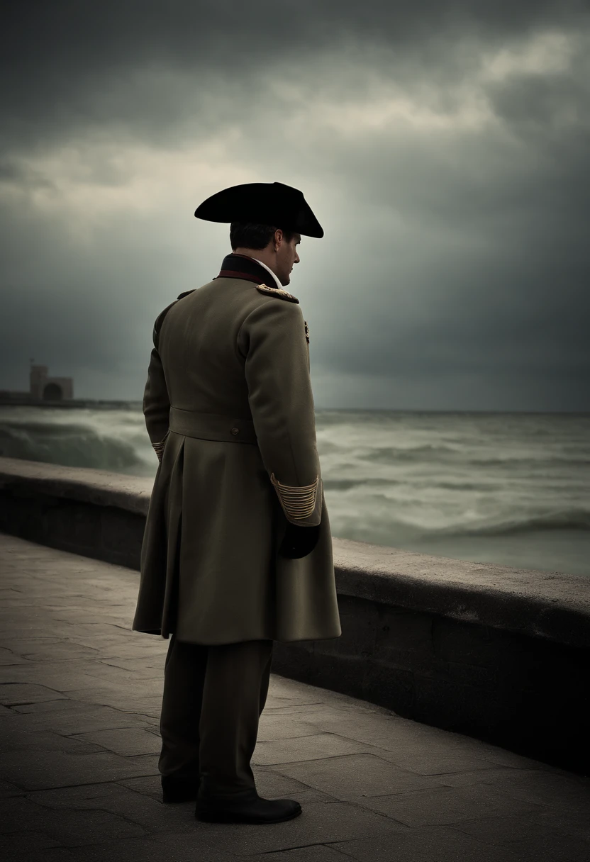 Napoleon Bonaparte on a seawall,sad tone,medium,impressionism,soft colors,evening light,silhouette,detailed face,long coat,military hat,majestic background,rippling waves,gloomy sky,serious expression,proud posture,silver horseshoe,stormy atmosphere,quiet solitude,lonely figure,far horizon,dreamlike haze,breath of history,remembrance of the past,deep thoughts,emotional depth,refined artistry,subtle brushstrokes,gentle tranquility,intense gaze,subdued emotions,pensive mood,melancholic atmosphere,echoes of bygone era