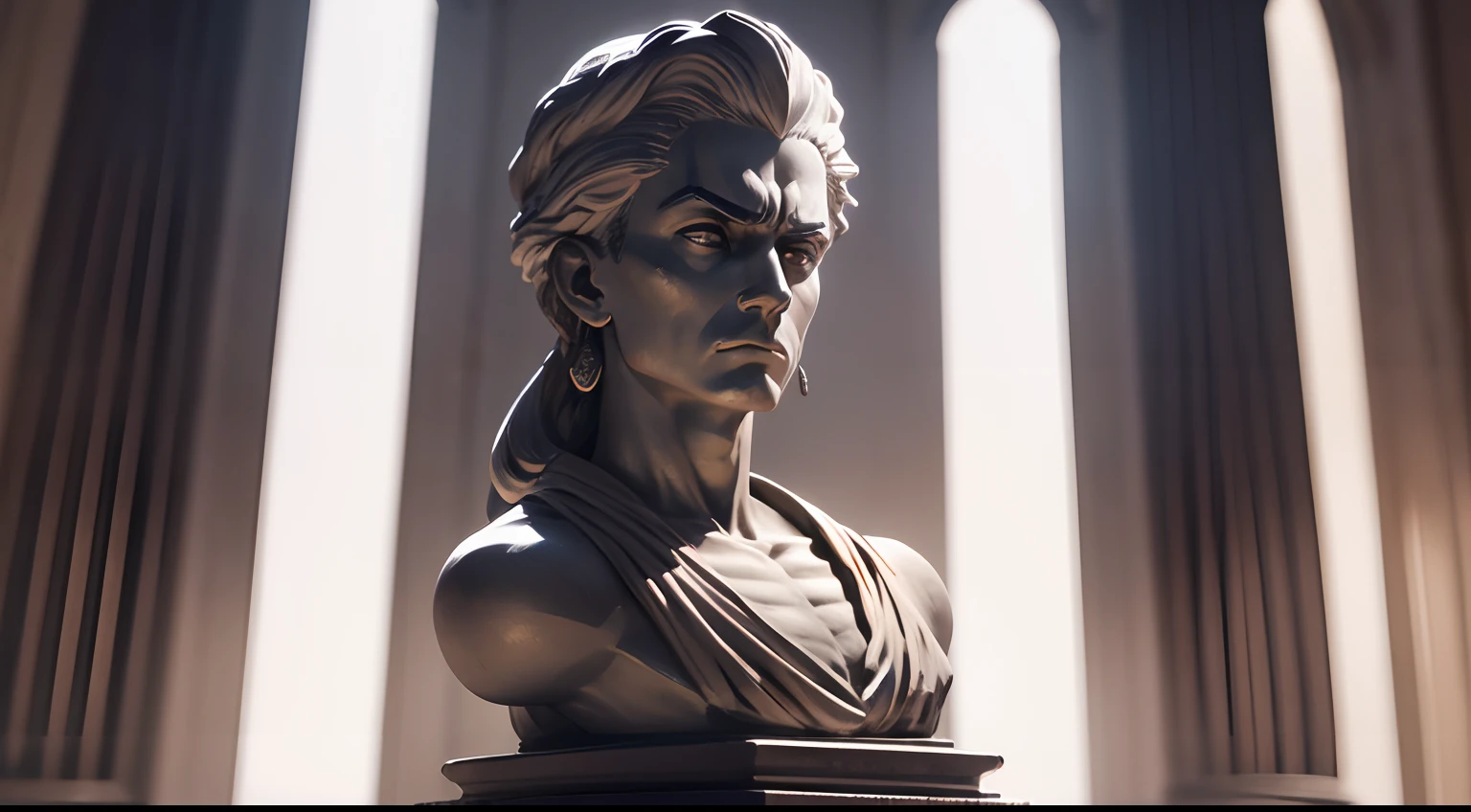 Stoic statue, with an expression of anger, usando manto e tunica longo sobre todo o corpo, Noite escura, ao ceu aberto, 35 mm, lateralmente, Filmado em Sony A7S III com Sony FE 35mm f/1.8, 12.1 MP, --AR 3:2 --estilo cru