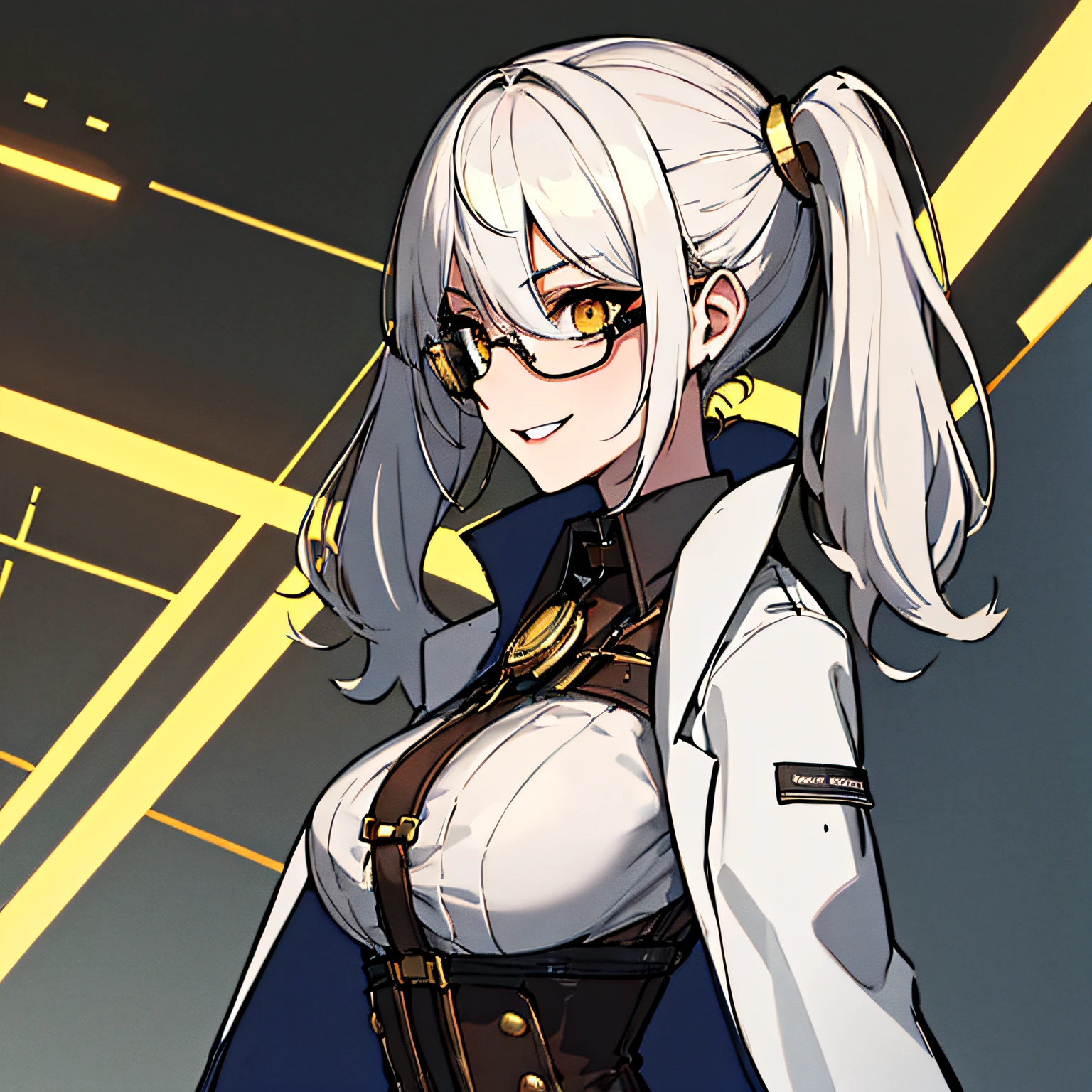 (absurdres, 8k, 4k, masterpiece, hyper extreme detailed:1.2), solo, 1girl, front view, perfect face, 1girl, portrait, expressive eyes, solo, standing, Female, girl with goggles and a chain around her neck, cyber goggles, victorian goggles, round goggles, goggles, cyberpunk monocle!, goggle eyes, steampunk googles, steampunk goggles, wearing victorian brass goggles, weak, female, small breasts, pale, cream colored hair, long hair, gold eyes, swept bangs, slim, slender, intelligent, genius, mad scientist, twin tails, Inventor, confident, perfect anatomy, futuristic, fingerless gloves, chest harness, pervert, half body, lab coat, belts, crazy face, crazy eyes, crazy smile, 1girl, futuristic, labcoat, white hair, mature, adult, attractive, skirt, hologram, monocle, wide smile, jovial, poofy twin tails, big hair, tesla coil, evil. criminal