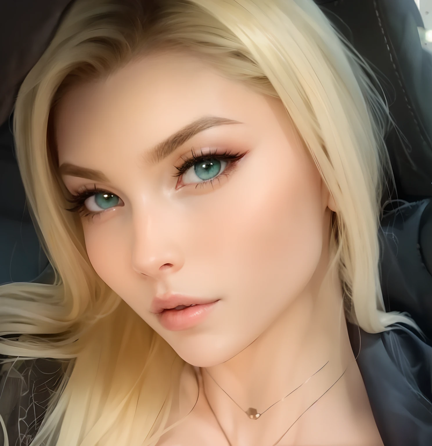 Long hair blonde eyes green lips pink jaw defined beautiful long eyelashes fair skin