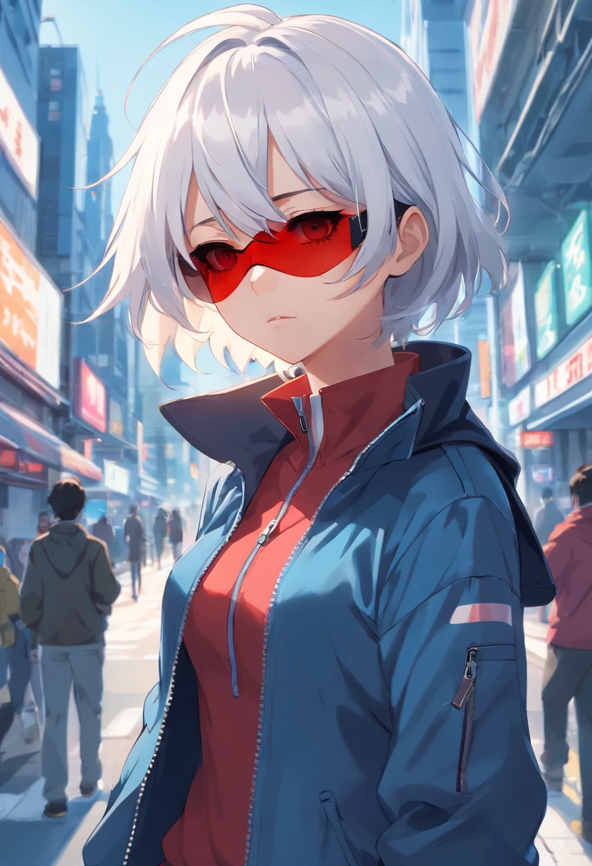 Girl, White Hair, Black Blindfold blue zip-zip jacket with high collar, ultra-detailed, HDR, extending two fingers out with red orb,