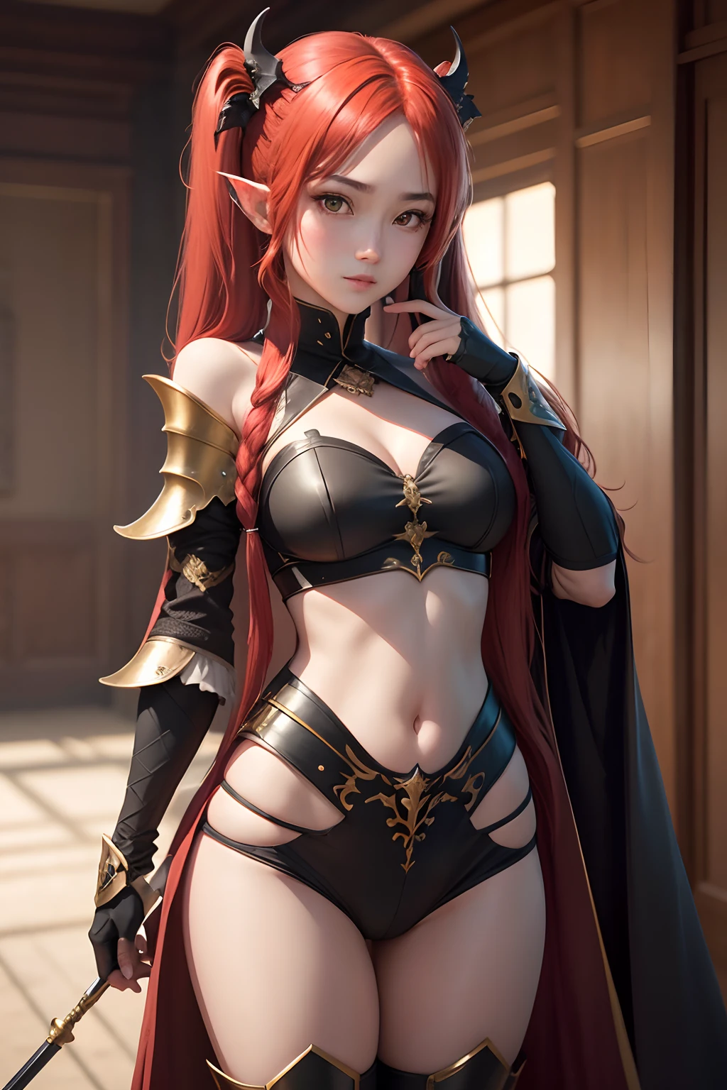 （tmasterpiece，best qualtiy，beuaty girl，Nice face：1.2），（close-up face：1.5），8k，offcial art，RAW photogr，Incredibly Ridiculous res，croptop，looking at viewert，slim，Teenage uncensored，Face light，filmgrain，color difference，Sharp focus，动态照明，cinmatic lighting (8k, RAW photo, best quality, masterpiece:1.2), (realistic:1.3), (photorealistic:1.3), ultra-detailed, (high detailed skin:1.2), 8k uhd, dslr, soft lighting, high quality, film grain, Fujifilm XT3, best quality, beautiful lighting, 1girl, dragon horns, long hair, twintails, (red hair), messy hair, yellow eyes, tight dragon scale armor, medium breasts, pointy ears, black gloves, smug, standing, royal room, medium breasts,
