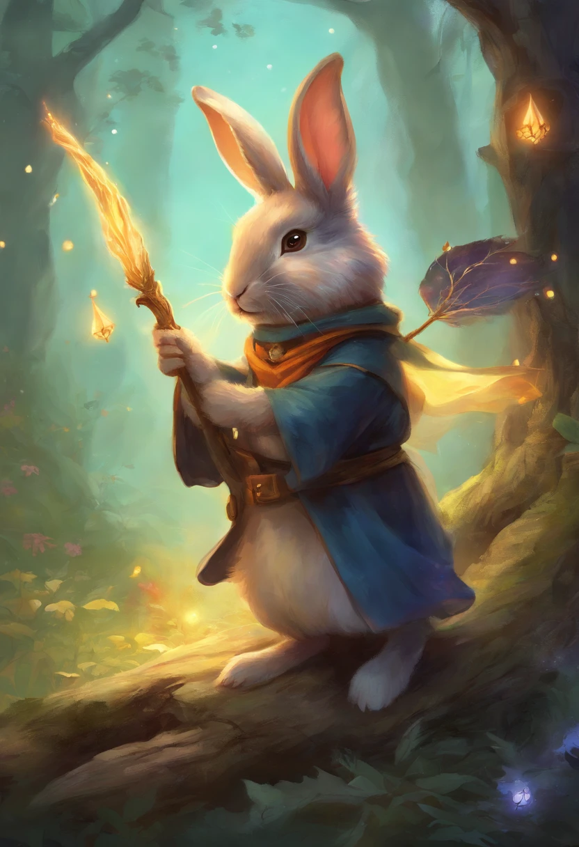 A cute rabbit rabbit wearing a witch's hat and doing magic with a tree staff.