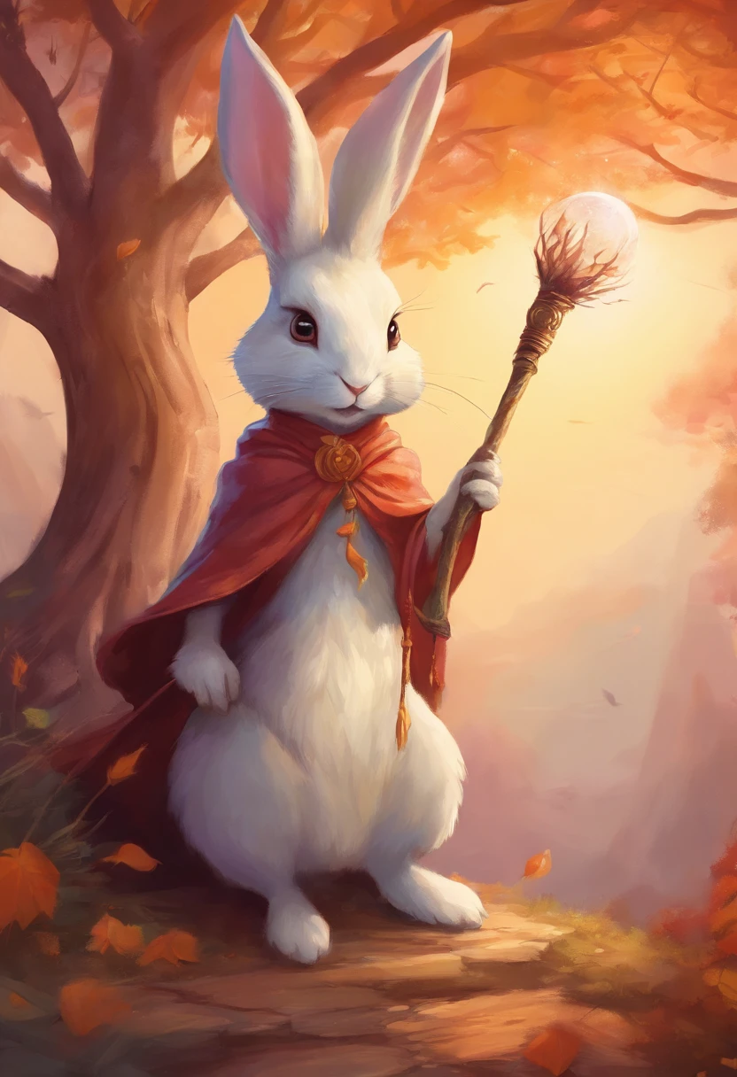 A cute rabbit rabbit wearing a witch's hat and doing magic with a tree staff.