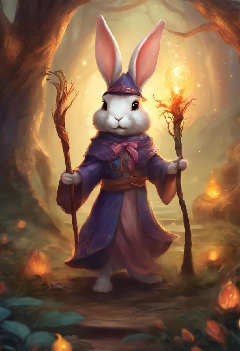 A cute rabbit rabbit wearing a witch's hat and doing magic with a tree staff.