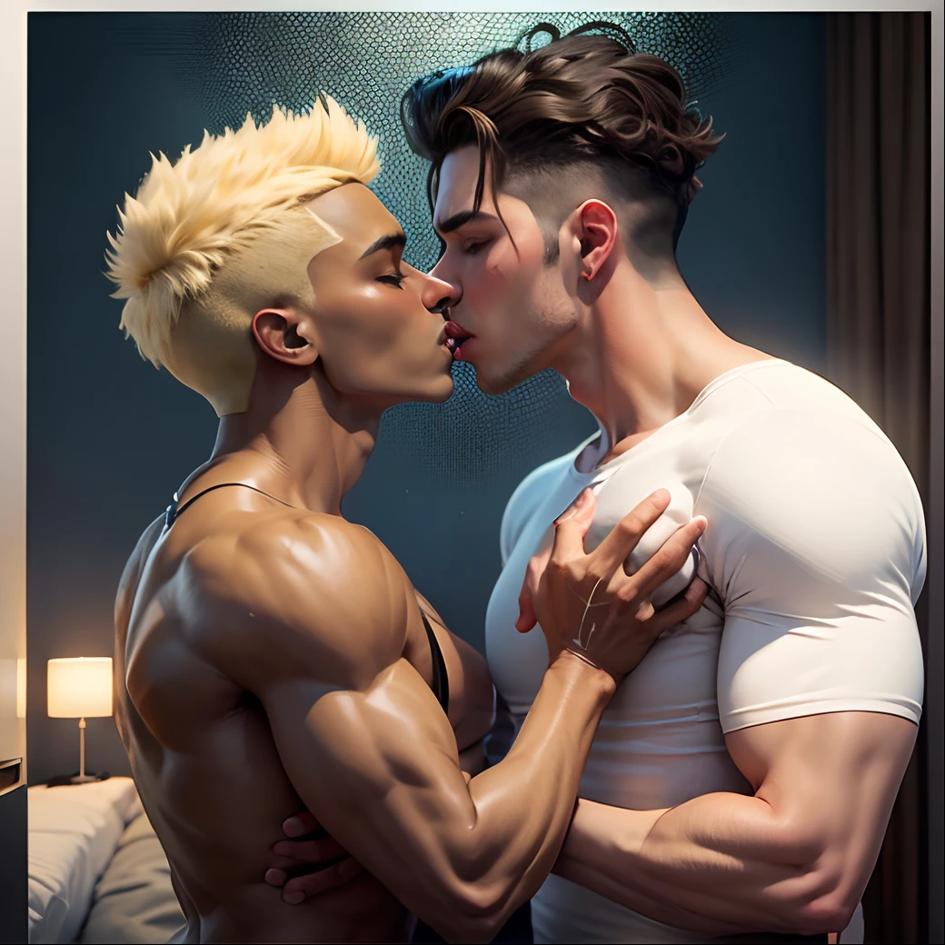 Two men kiss in a hotel room while holding a cell phone filming the kiss. One has dark skin and the other has blonde skin. --auto --s2