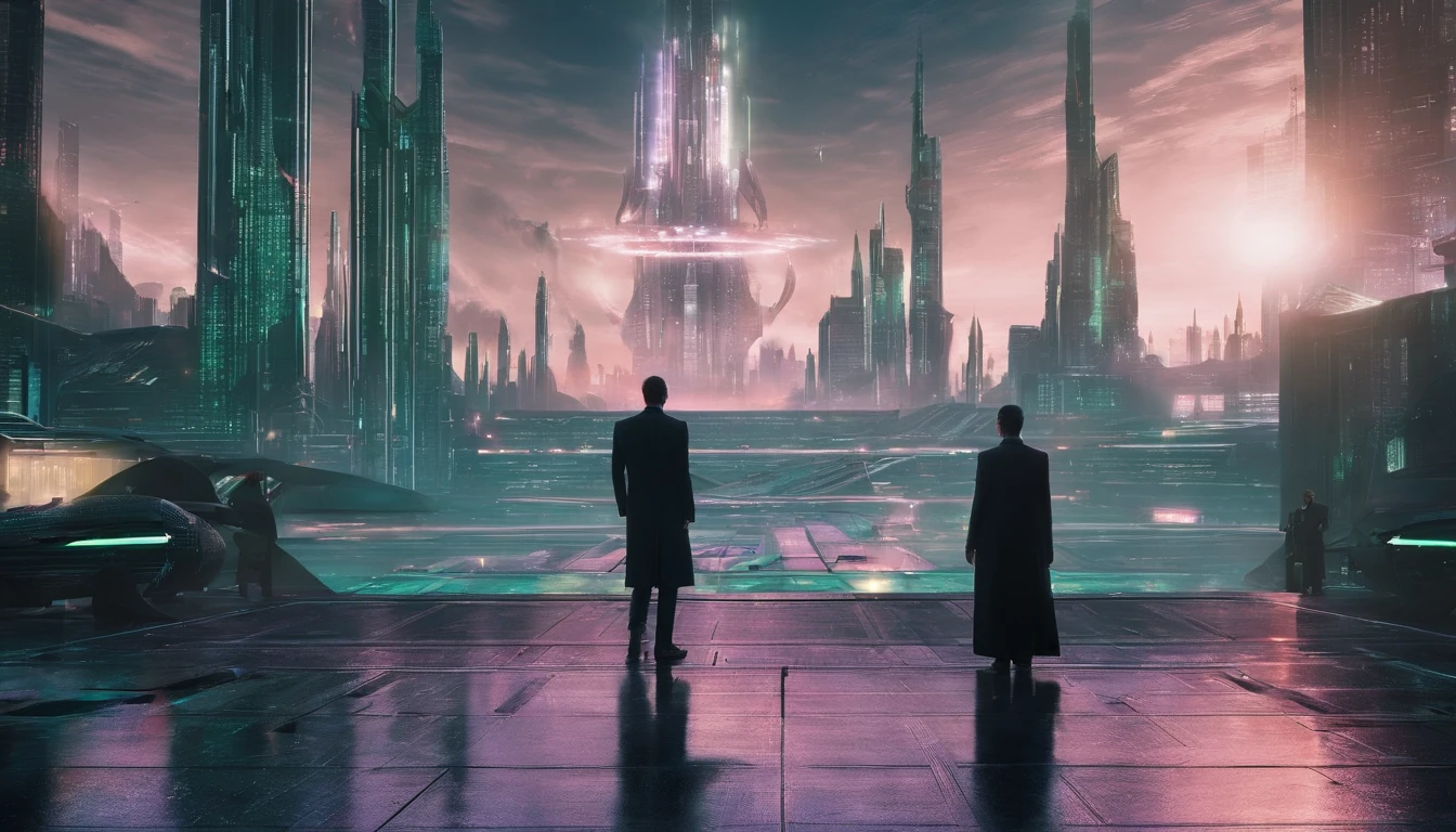 Neo from the movie The Matrix stands in the square of the old city. 8K resolution