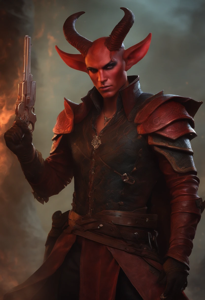 a male tiefling with red skin, short horns, leather armor and revolvers