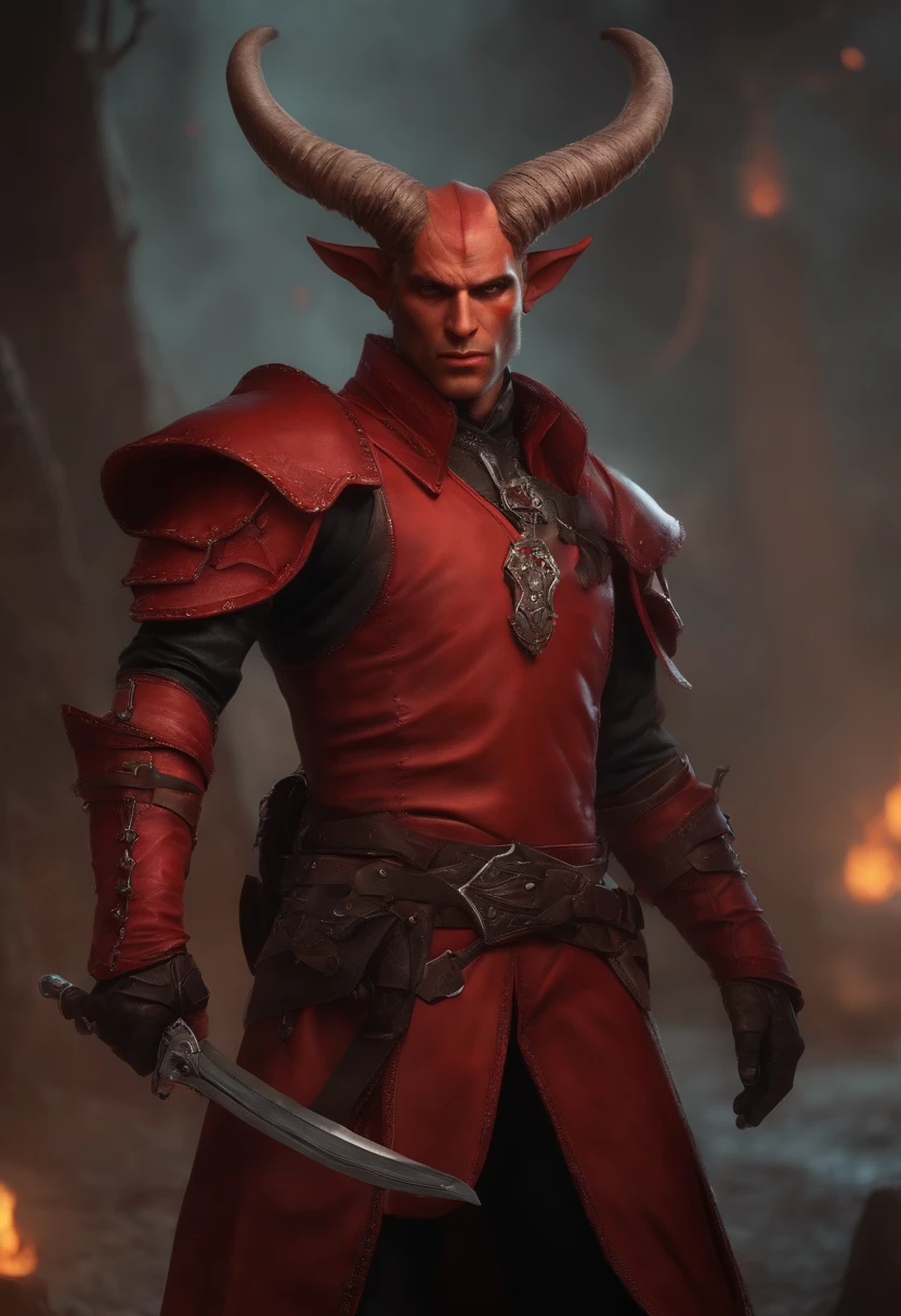 a male tiefling with red skin, short horns, leather armor and revolvers