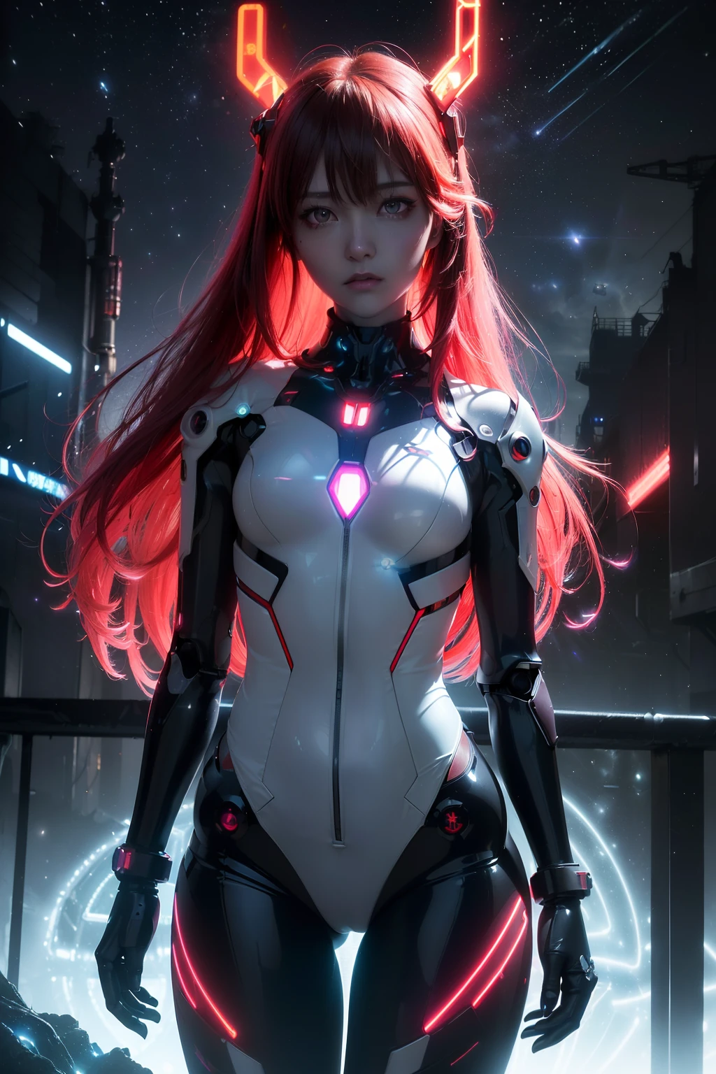 Asuka-Evangelion realistic and intricate perfect beauty face, detailed & asymmetric perfect sharp galaxy glowing eyes, detailed face, (((from face to the waist))), (((beauty shape))), ((in realistic neon-lit sci-fi plugsuit metal mech parts and robotic tentacles with neon-lit lights)), masterpiece, 4k, UHD, red long hair