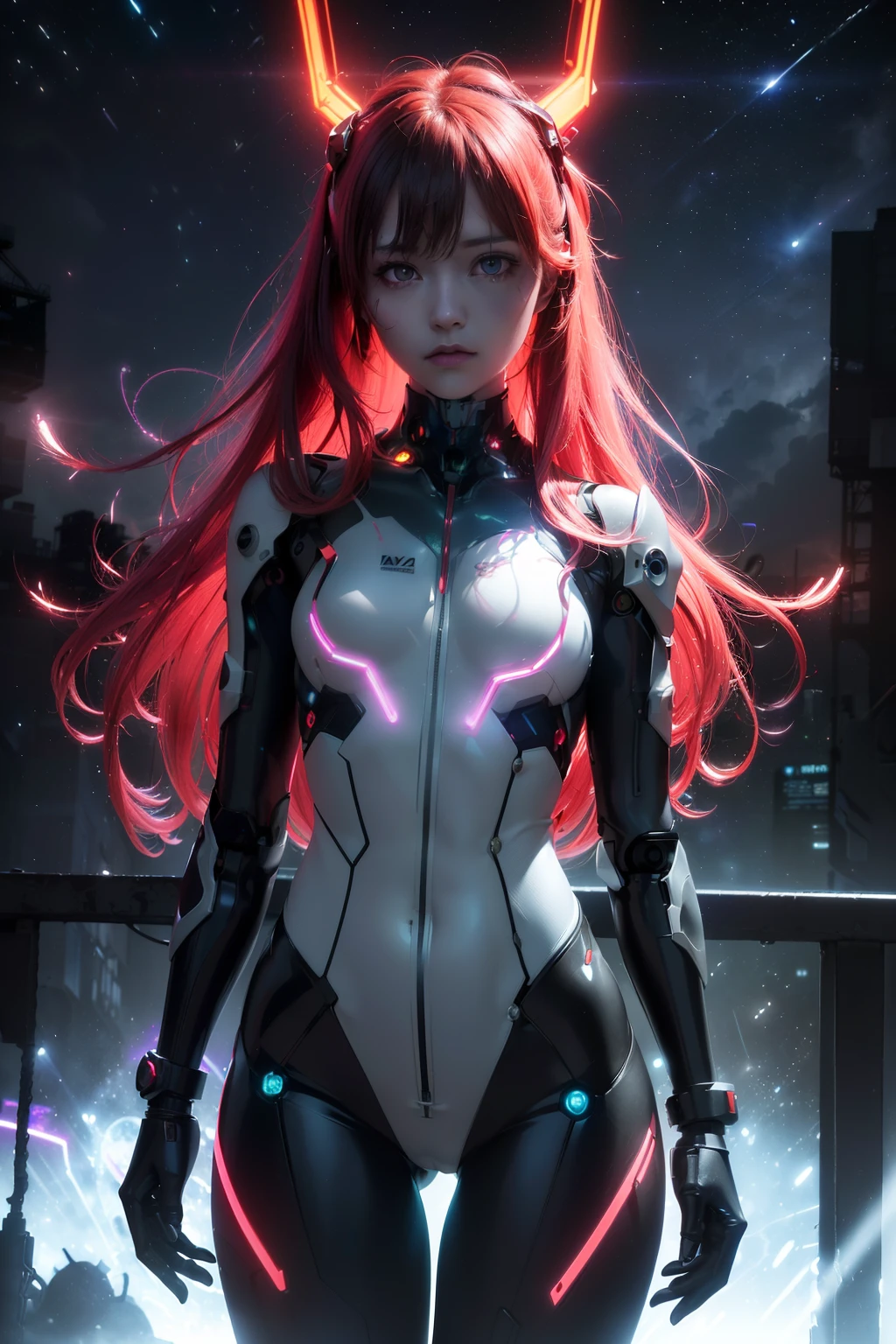 Asuka-Evangelion realistic and intricate perfect beauty face, detailed & asymmetric perfect sharp galaxy glowing eyes, detailed face, (((from face to the waist))), (((beauty shape))), ((in realistic neon-lit sci-fi plugsuit metal mech parts and robotic tentacles with neon-lit lights)), masterpiece, 4k, UHD, red long hair