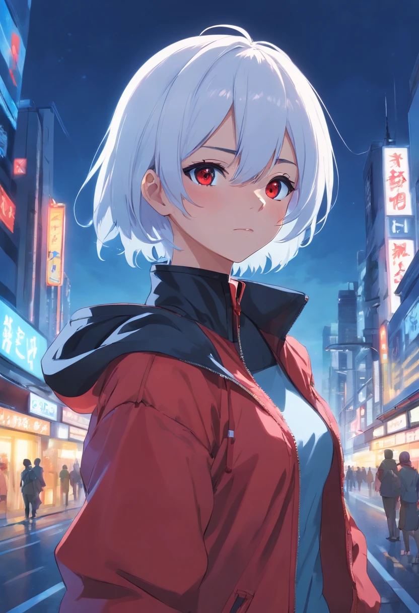 Girl, White Hair, Black Blindfold blue zip-zip jacket with high collar, ultra-detailed, HDR, extending two fingers out with red orb