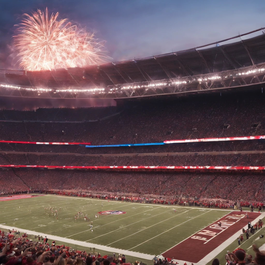 best quality,4k,8k,highres,masterpiece:1.2,ultra-detailed,realistic,photorealistic:1.37,American football stadium,USA,spectacular night game,stunningly lit field,energetic crowd cheering,players in action,dynamic movements,fierce tackles,fly-like leaps,highlight-reel worthy plays,game-winning pass,exciting atmosphere,vivid colors,glowing stadium lights,dramatic contrast,atmospheric perspective,wide-angle view,captivating skyline in the background,iconic cityscape,spectacular fireworks,celebratory atmosphere,game face,powerful physique,intense expressions,team uniforms,brilliant grass field,well-defined field markings,impressive grandstands,filled to capacity,unified cheers,thunderous applause,imposing scoreboard,blaring sound system,halftime show extravaganza,patriotic spirit,all-American tradition,massive sports event,unforgettable experience