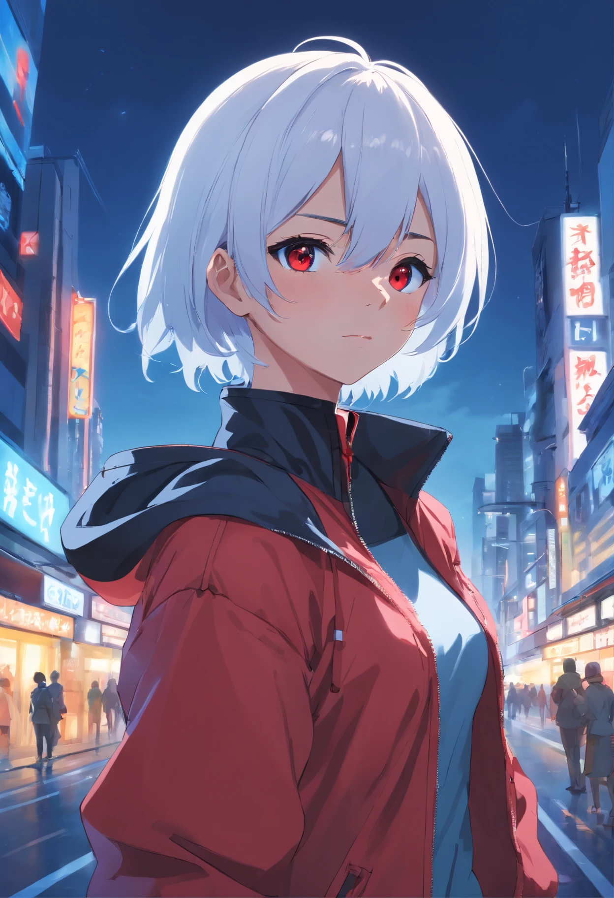 Girl, White Hair, Black Blindfold blue zip-zip jacket with high collar, ultra-detailed, HDR, extending two fingers out with red orb