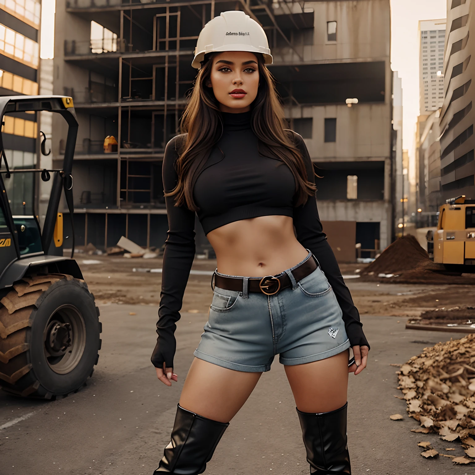 Generate full body photography of Autumn, the stunning brunette influencer. She should appear in her mid-20s, approximately 5'4" tall, with long, wavy chestnut hair that falls gracefully on her shoulders. She has an athletic hourglass figure accentuated by her full bust. Her complexion should be flawless, with a warm, sun-kissed tan. Autumn's expressive brown eyes should radiate charisma, and she should have a relaxed and confident demeanor.For this construction worker-themed look, Autumn wears a crop top made from the same material as the uniform shirt, revealing her toned midriff. Her short shorts are form-fitting and constructed from the same material as the uniform, showcasing her athletic legs. She dons thigh-high stiletto boots with a construction-worker-boot style, adding a sexy edge to the outfit. A smaller, stylish belt acts as an accessory, hanging loosely on her hips.Autumn sports a hard hat with playful stickers and sparkles, positioned at a slightly jaunty angle on her head. She wears fingerless gloves extending halfway up her forearms, made from the same material as her uniform. Her makeup is sultry, featuring smoky eyes and bold lips, enhancing her captivating gaze.Place Autumn in a construction site setting, with the backdrop including recognizable construction equipment and a gritty urban atmosphere. Capture her in confident and alluring poses that highlight her hourglass figure, ensuring that the overall tone of the image is super spicy while maintaining the construction worker aesthetic.