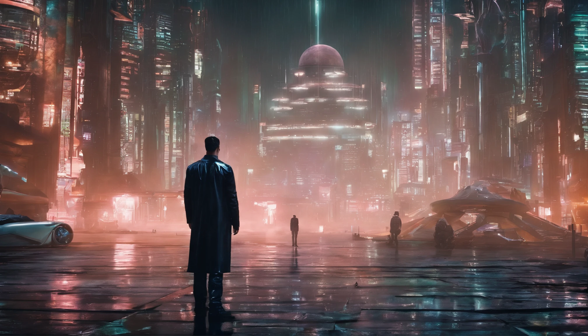 Neo from the movie The Matrix stands in the square of the old city. 8K resolution