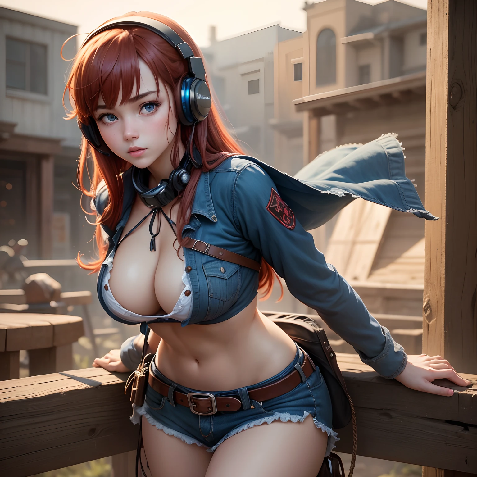 8k, masterpiece, best quality, realistic, higly detailed, cowboy shot, 1girl, solo, miku, emotionless looking girl, medium-length red hair, strands of hair hanging over the right side of her face, a set of wireless headphones that have a triangle-shaped logo on the ear cups around her neck, dark blue eyes, average height, well-endowed figure, large breasts, bangs cover her right eye, Cowgirl