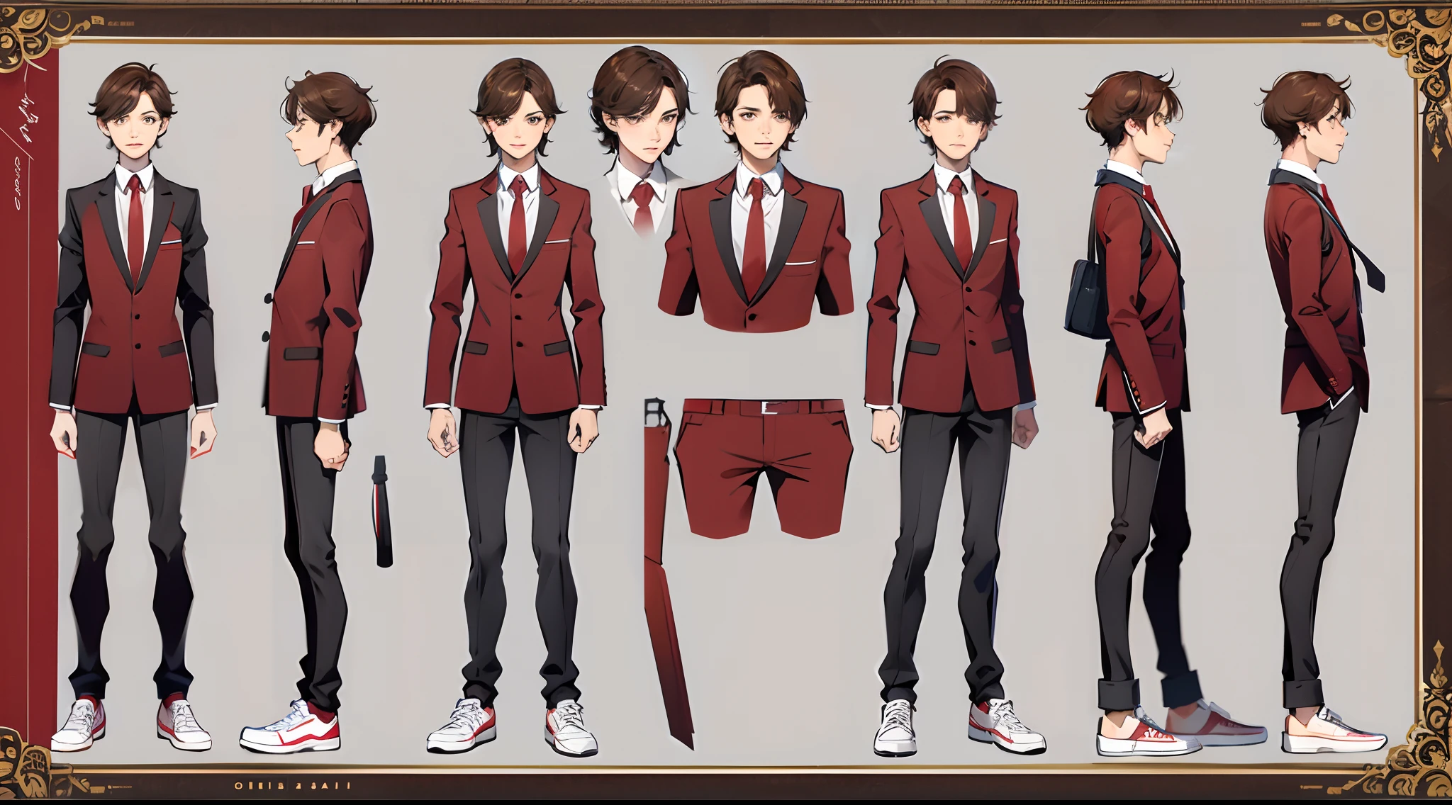 1boy, school uniform, character design sheet, sneakers, red tie, A-Pose, consistent poses, different angle, short brown hair