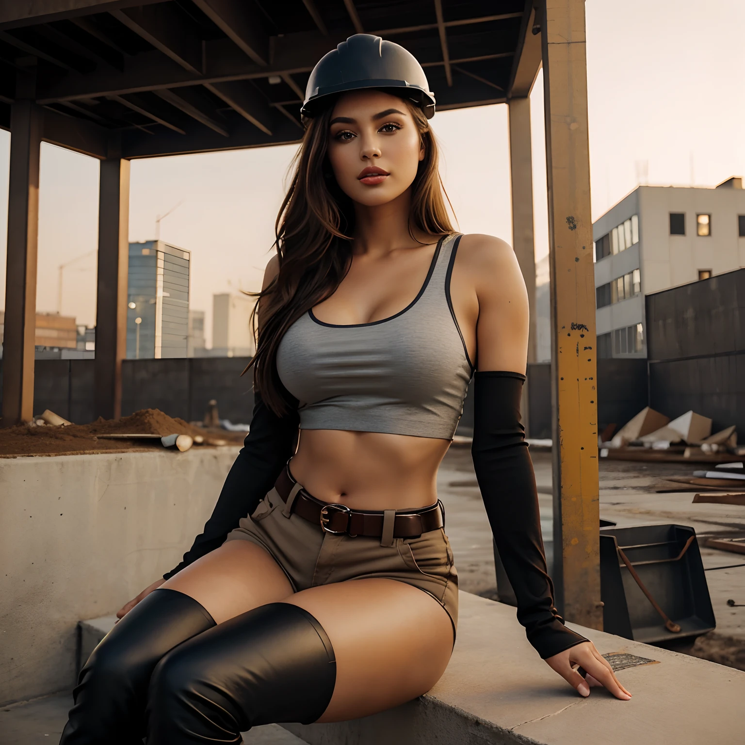 Generate full body photography of Autumn, the stunning brunette influencer. She should appear in her mid-20s, approximately 5'4" tall, with long, wavy chestnut hair that falls gracefully on her shoulders. She has an athletic hourglass figure accentuated by her full bust. Her complexion should be flawless, with a warm, sun-kissed tan. Autumn's expressive brown eyes should radiate charisma, and she should have a relaxed and confident demeanor.For this construction worker-themed look, Autumn wears a crop top made from the same material as the uniform shirt, revealing her toned midriff. Her short shorts are form-fitting and constructed from the same material as the uniform, showcasing her athletic legs. She dons thigh-high stiletto boots with a construction-worker-boot style, adding a sexy edge to the outfit. A smaller, stylish belt acts as an accessory, hanging loosely on her hips.Autumn sports a hard hat with playful stickers and sparkles, positioned at a slightly jaunty angle on her head. She wears fingerless gloves extending halfway up her forearms, made from the same material as her uniform. Her makeup is sultry, featuring smoky eyes and bold lips, enhancing her captivating gaze.Place Autumn in a construction site setting, with the backdrop including recognizable construction equipment and a gritty urban atmosphere. Capture her in confident and alluring poses that highlight her hourglass figure, ensuring that the overall tone of the image is super spicy while maintaining the construction worker aesthetic. Dark shade sunglasses