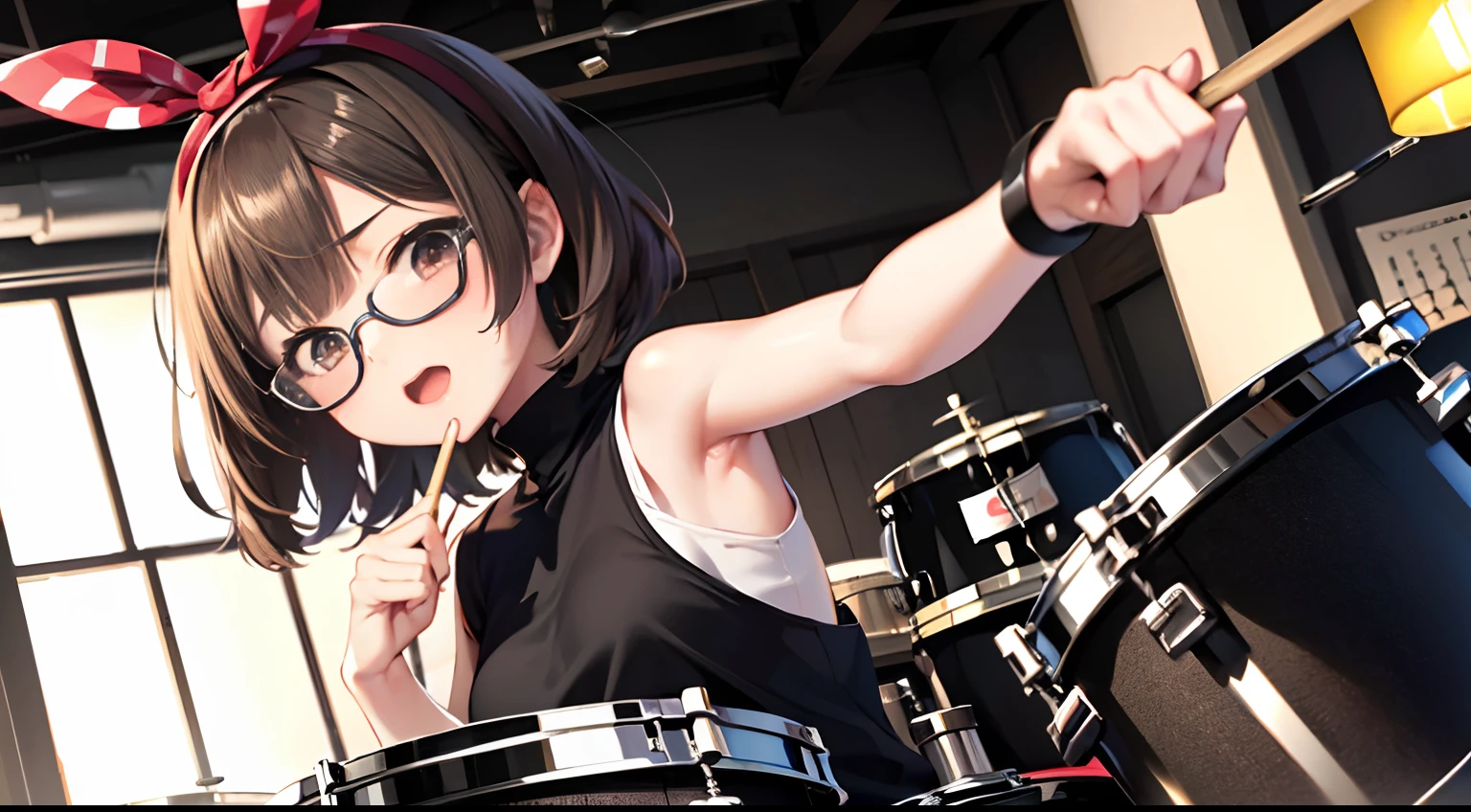 (masutepiece, Best Quality, Capture super cute moments, depth of fields, ultra-detailliert, Ultra High Resolution, C4D, Octadale, 3D Modeling, 8K, 16 K, one girls,a junior high school student, small tits,A dark-haired,short-hair,straight haired,Light brown eyes, horseshoe-shaped hairband,wearing black glasses,Cute face) 、Drum kit、Drumming、Holding a drumstick