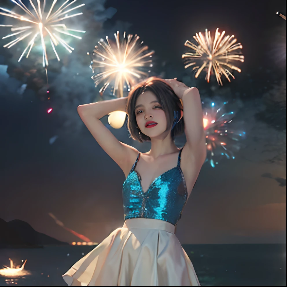 Blue hair,short-cut、short hair、 Blue clothes, Lively and warm, Play with fireworks, American Girls