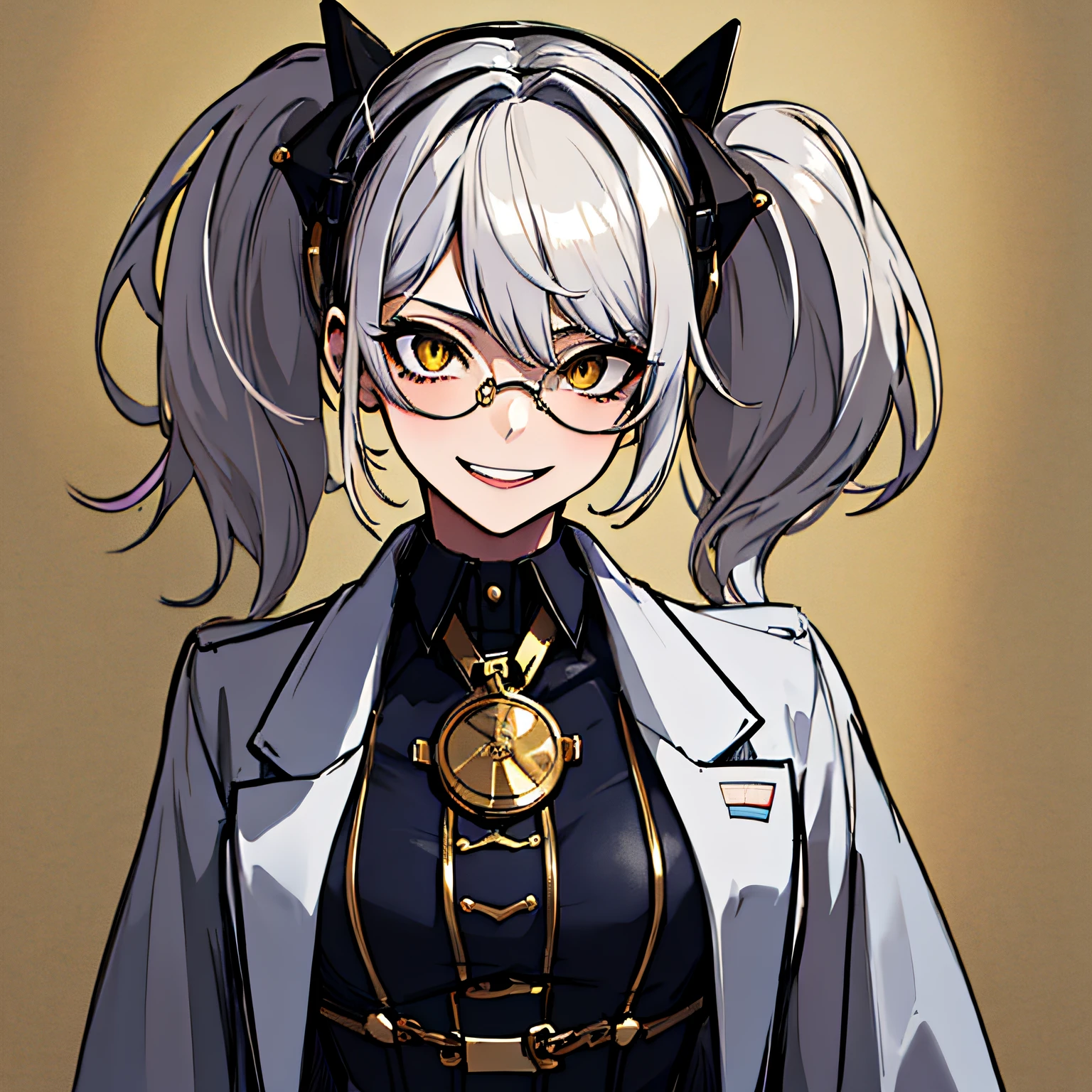 (absurdres, 8k, 4k, masterpiece, hyper extreme detailed:1.2), solo, 1girl, front view, perfect face, 1girl, portrait, expressive eyes, solo, standing, Female, girl with goggles and a chain around her neck, cyber goggles, victorian goggles, round goggles, goggles, cyberpunk monocle!, goggle eyes, steampunk googles, steampunk goggles, wearing victorian brass goggles, weak, female, small breasts, pale, cream colored hair, long hair, gold eyes, swept bangs, slim, slender, intelligent, genius, mad scientist, twin tails, Inventor, confident, perfect anatomy, futuristic, fingerless gloves, chest harness, pervert, half body, lab coat, belts, crazy face, crazy eyes, crazy smile, 1girl, futuristic, labcoat, white hair, mature, adult, attractive, skirt, hologram, monocle, wide smile, jovial, poofy twin tails, big hair, railgun, inventions,