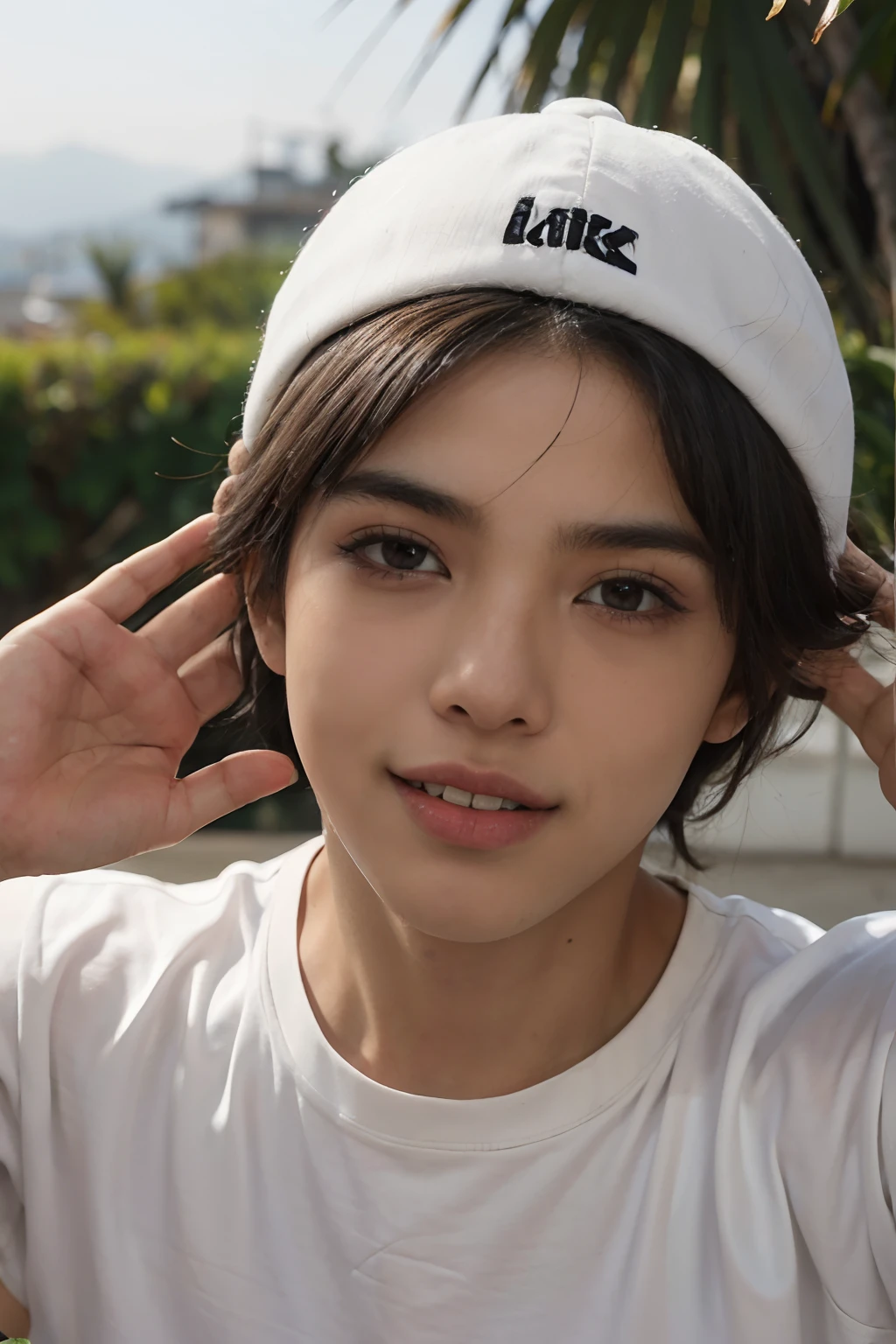 An 18-year-old brown boy has a white cap on who is posing for a photo that is happy ( el rostro y los ojos salgan bien formados ( la gorda salga bien formada) el chicos sea Moreno solamente chico solo el imagen ( la mano y el cuerpo salgan bien formados)