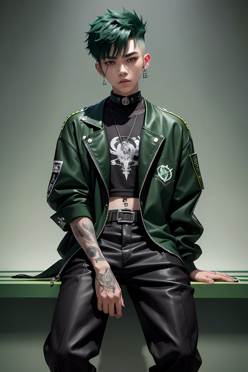 Kpop teen age boy with fade cut green hair, cute face, irresistible,sit pose, poser, serious face, full half body show, tattoos, wears cool black mixed green open jacket with long blackbig sized shirt, long black pants with belt, paint background