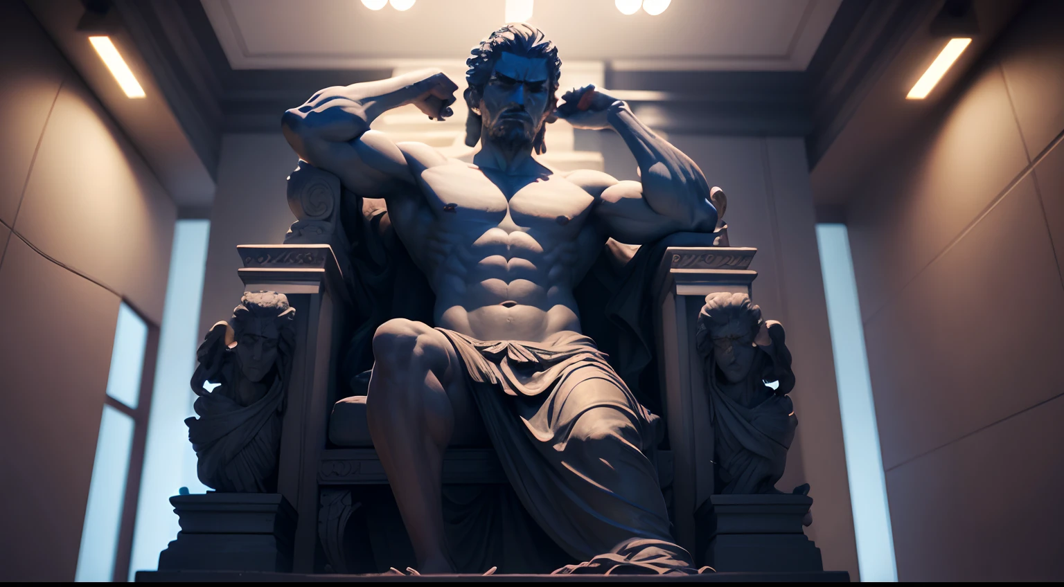 Stoic statue, with an expression of anger, usando manto e tunica longo sobre todo o corpo, Noite escura, ao ceu aberto, 35 mm, lateralmente, Filmado em Sony A7S III com Sony FE 35mm f/1.8, 12.1 MP, --AR 3:2 --estilo cru